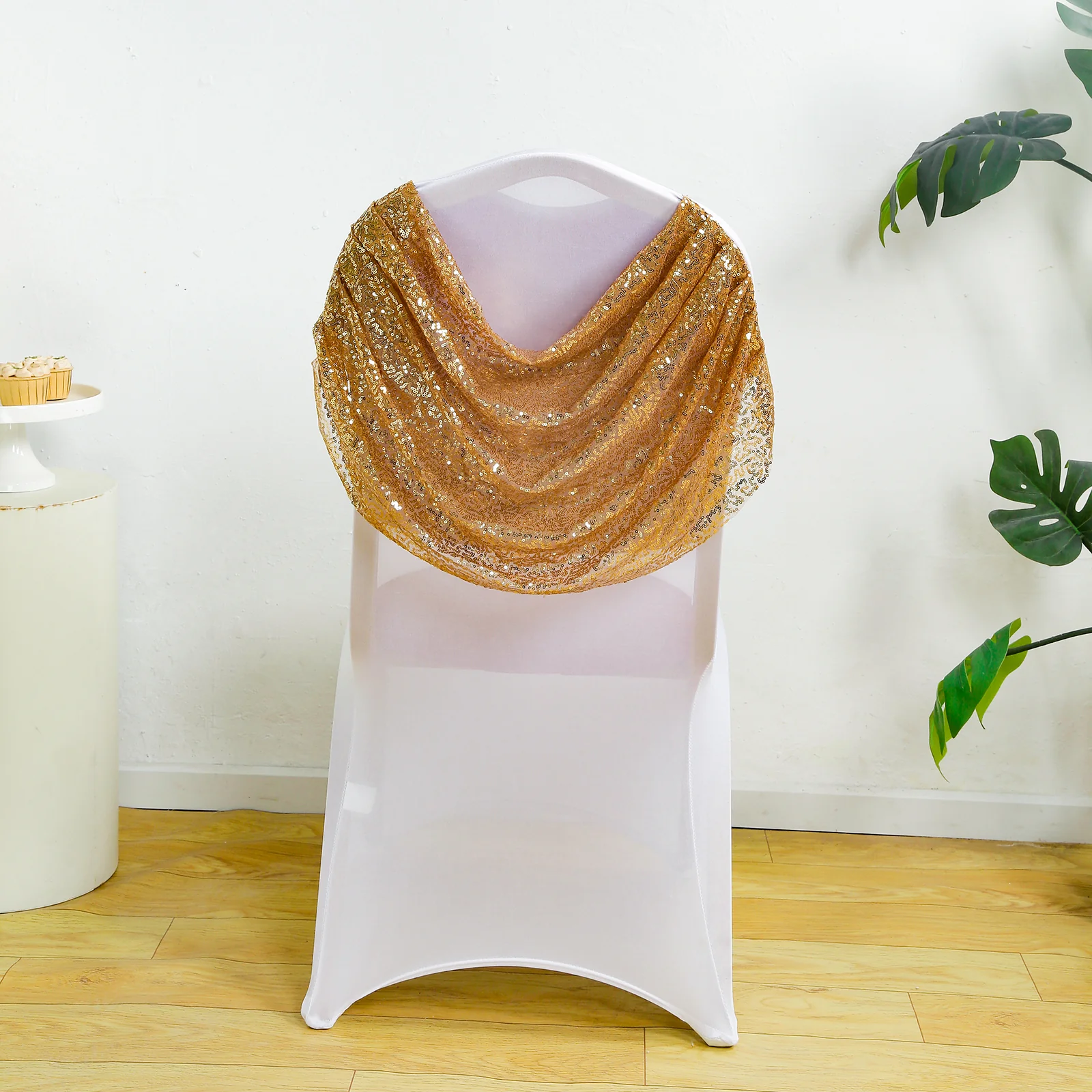 White Spandex Fitted Banquet Chair Cover with Gold Sequin Ruched Swag Back and Foot Pockets, Durable Slip-On Slipcover - Image 8