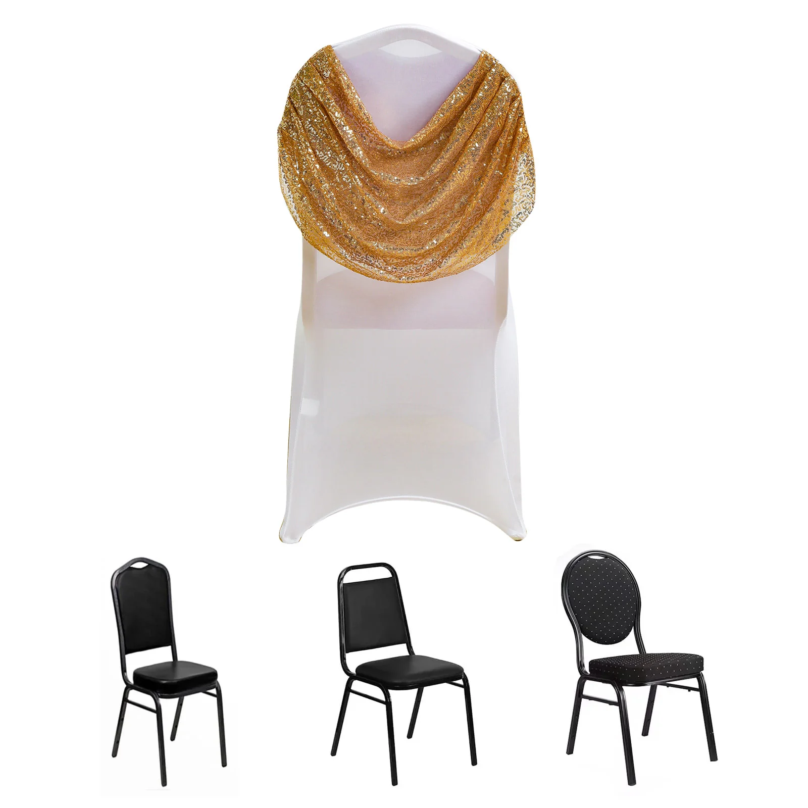 White Spandex Fitted Banquet Chair Cover with Gold Sequin Ruched Swag Back and Foot Pockets, Durable Slip-On Slipcover - Image 9