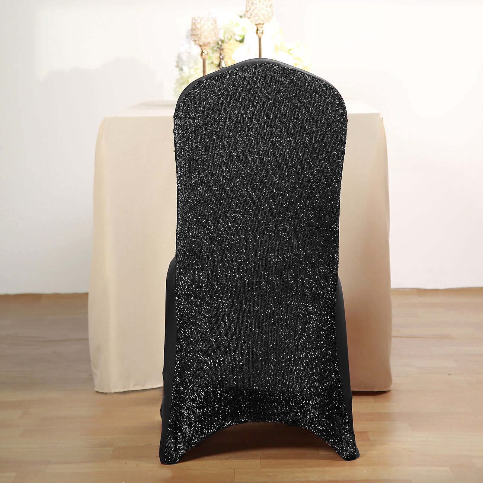 Spandex Chair Cover with Metallic Shimmer Tinsel Back for Banquet Chairs Black - Luxe Fitted Slipcover for Weddings & Parties - Image 6