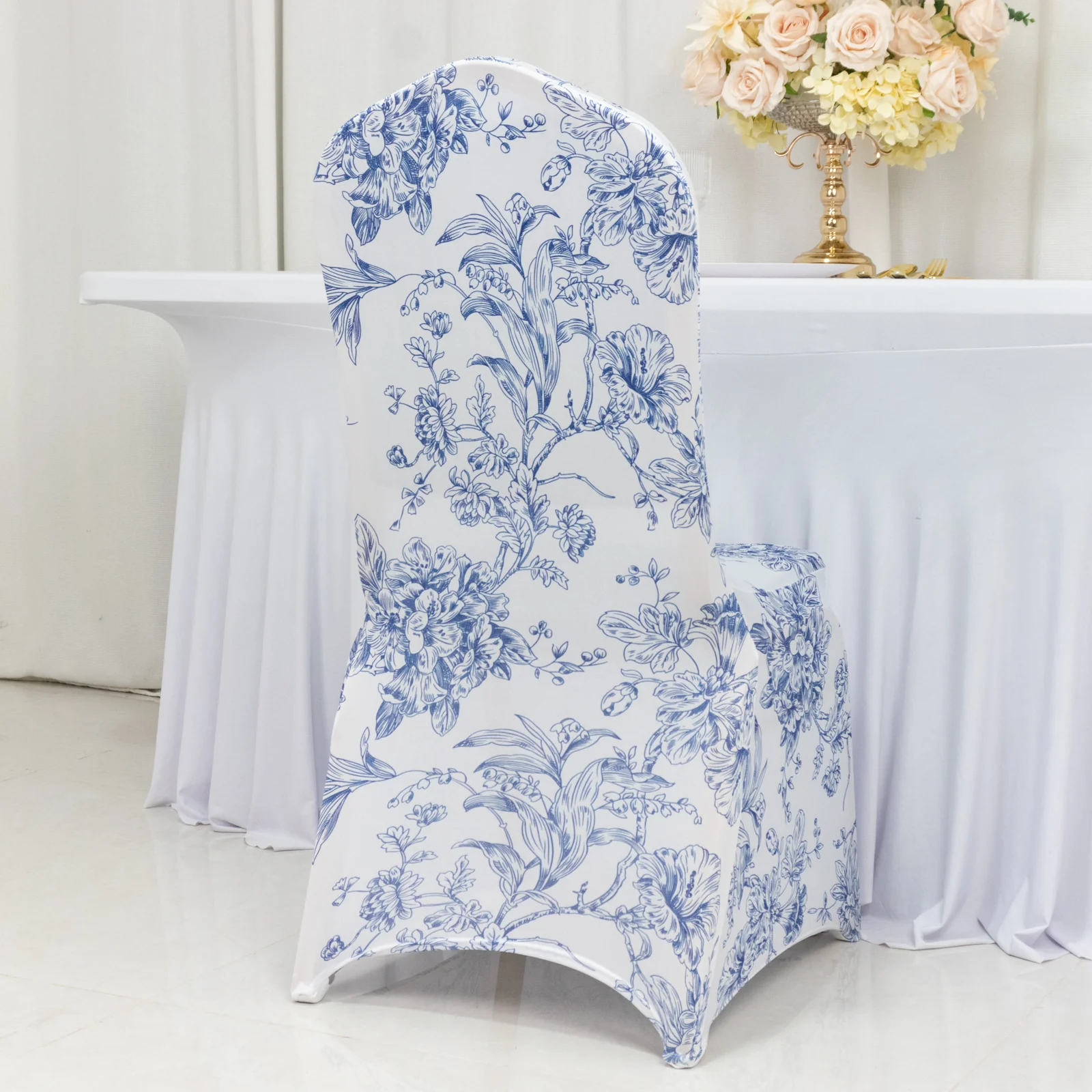 10 Pack Spandex Chair Covers for Banquet Chairs – White Blue French Toile Reusable Stretch Slip-On Floral Covers - Image 2