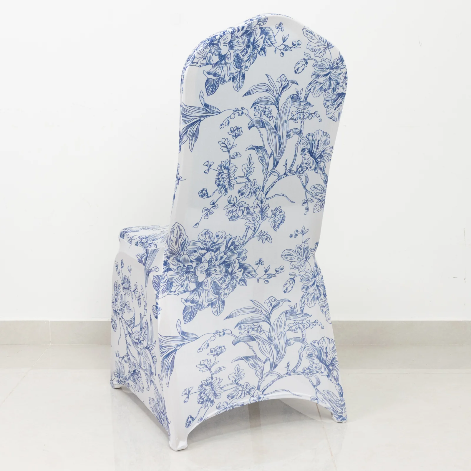 10 Pack Spandex Chair Covers for Banquet Chairs – White Blue French Toile Reusable Stretch Slip-On Floral Covers - Image 3
