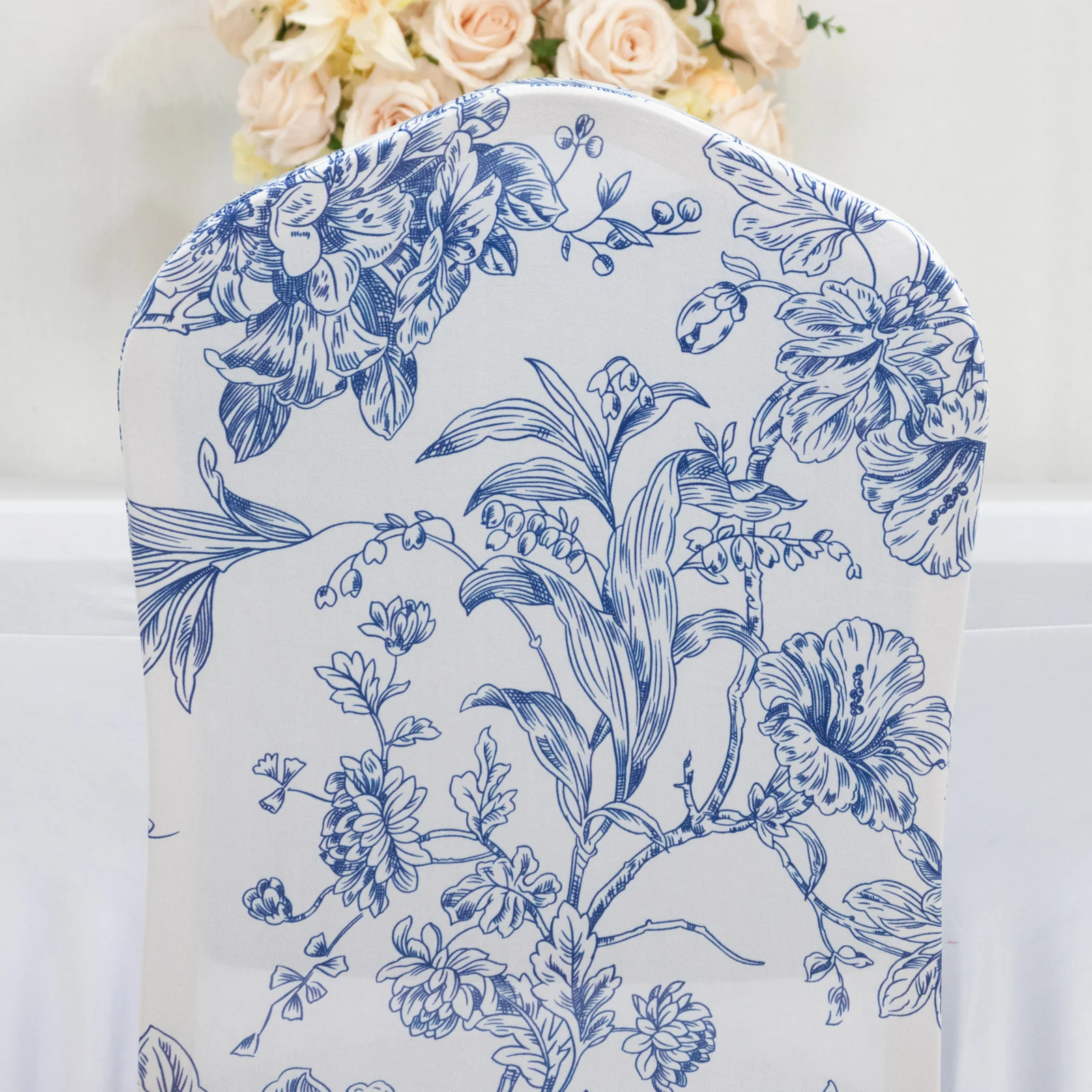 10 Pack Spandex Chair Covers for Banquet Chairs – White Blue French Toile Reusable Stretch Slip-On Floral Covers - Image 4