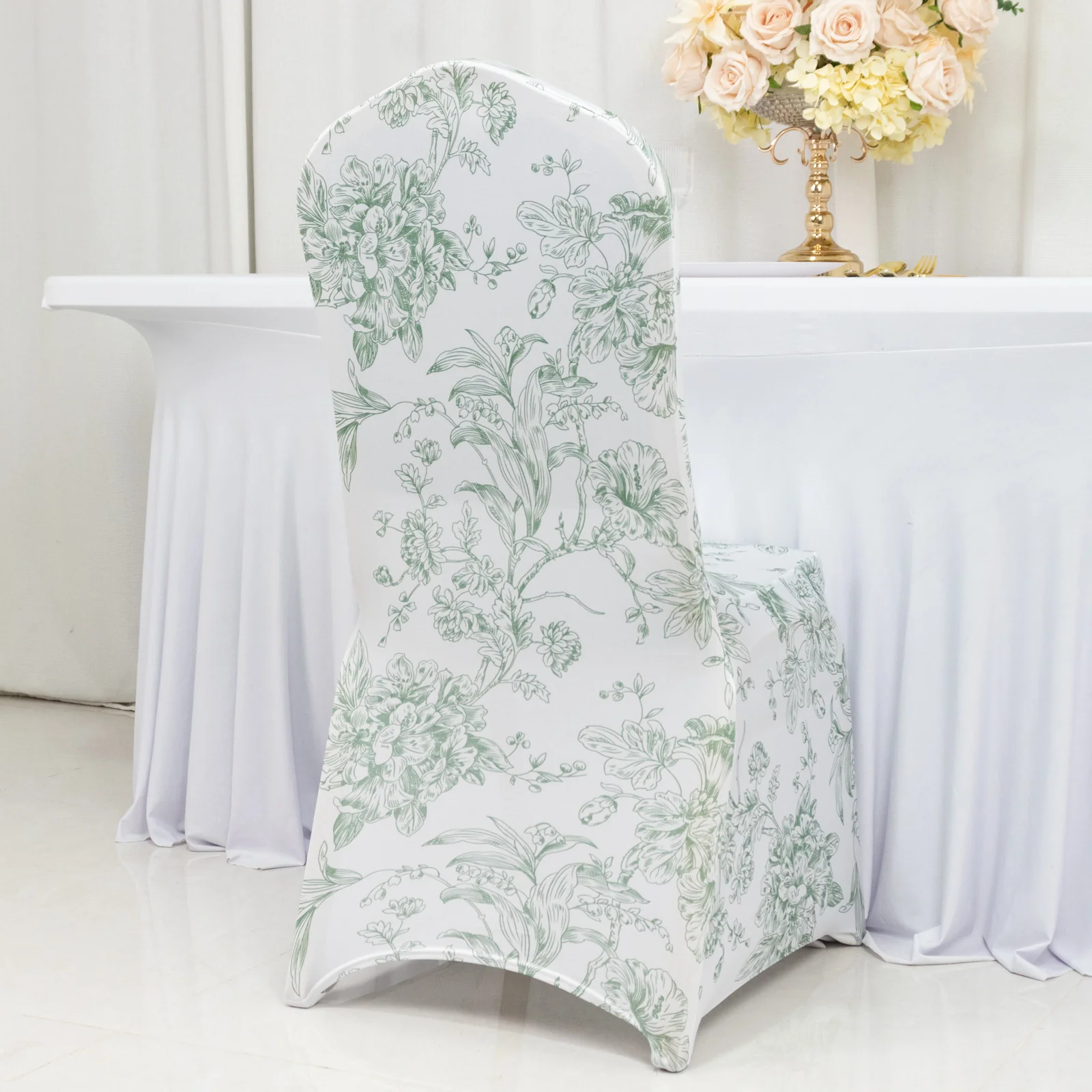 10 Pack Spandex Chair Covers for Banquet Chairs – White Dusty Sage Green French Toile Reusable Stretch Slip-On Floral Covers - Image 2