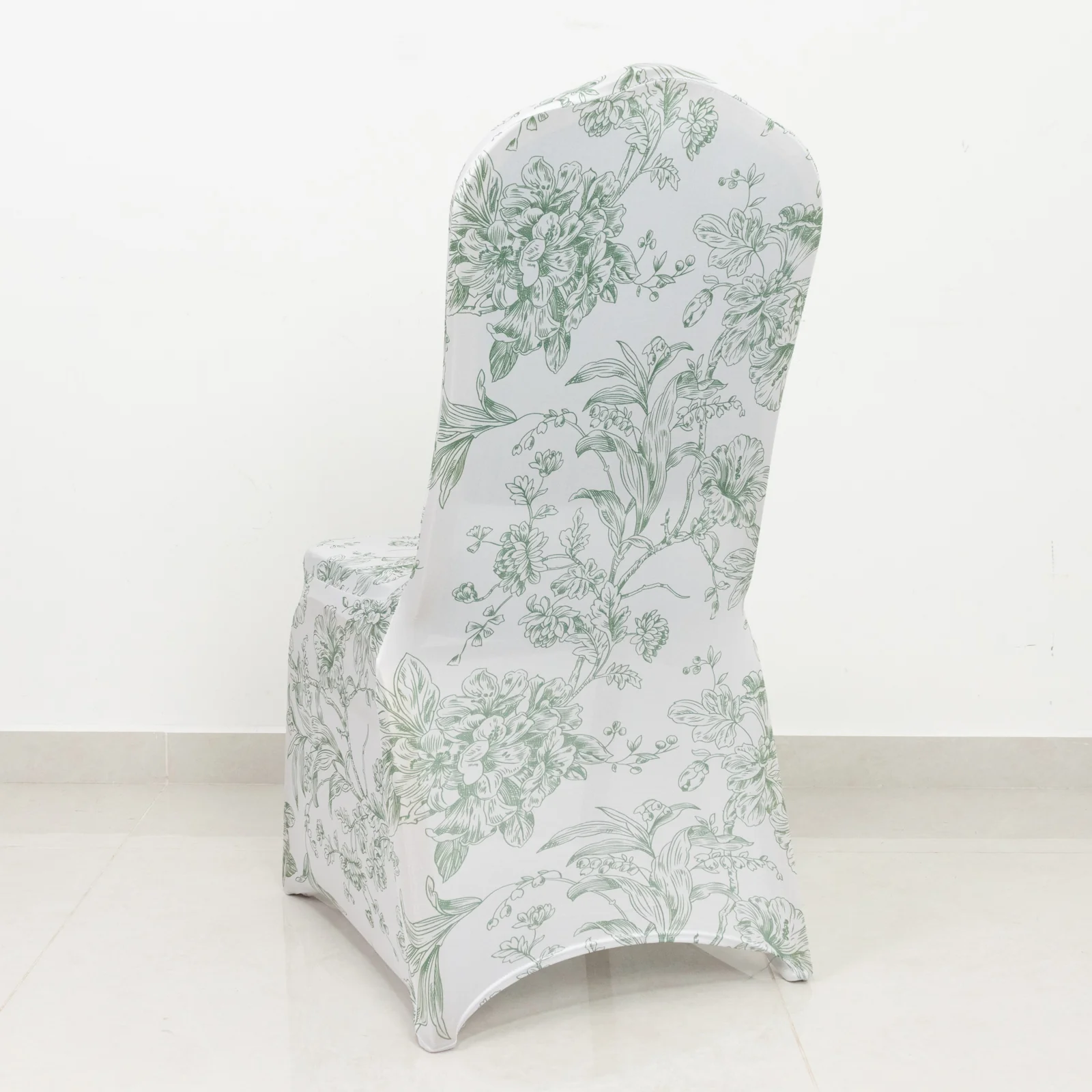 10 Pack Spandex Chair Covers for Banquet Chairs – White Dusty Sage Green French Toile Reusable Stretch Slip-On Floral Covers - Image 3
