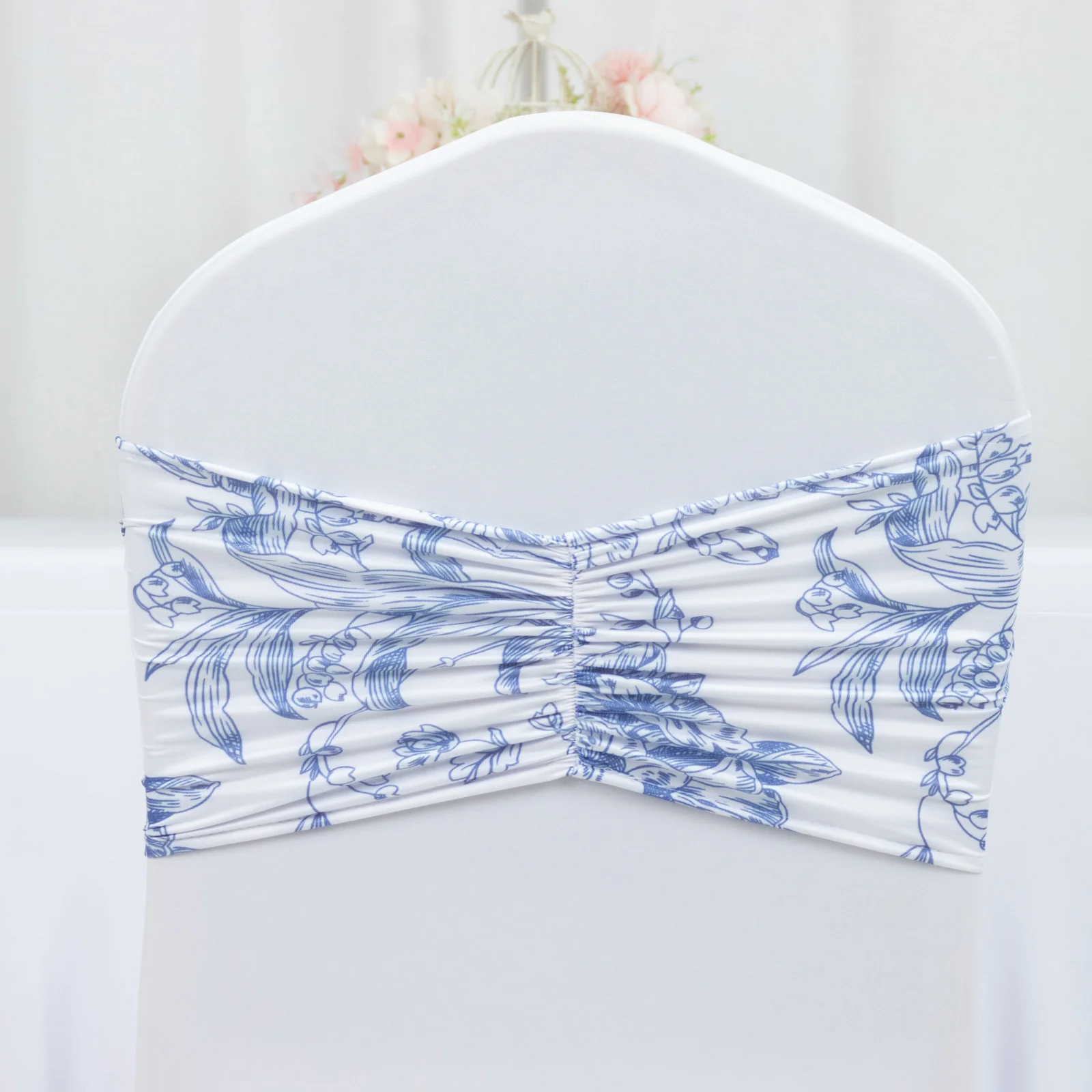 5 Pack Wide Spandex Chair Sashes in White Blue French Toile – Stylish Ruffled Chair Bands - 8"x13" - Image 3