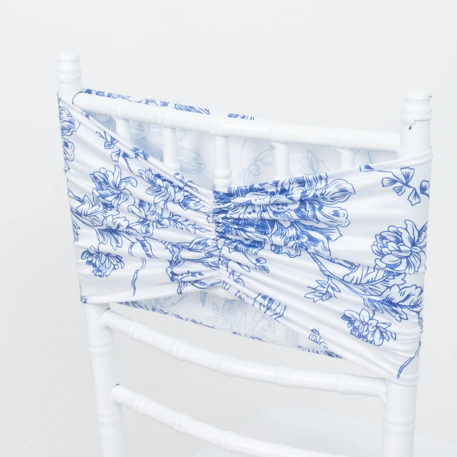 5 Pack Wide Spandex Chair Sashes in White Blue French Toile – Stylish Ruffled Chair Bands - 8"x13" - Image 4