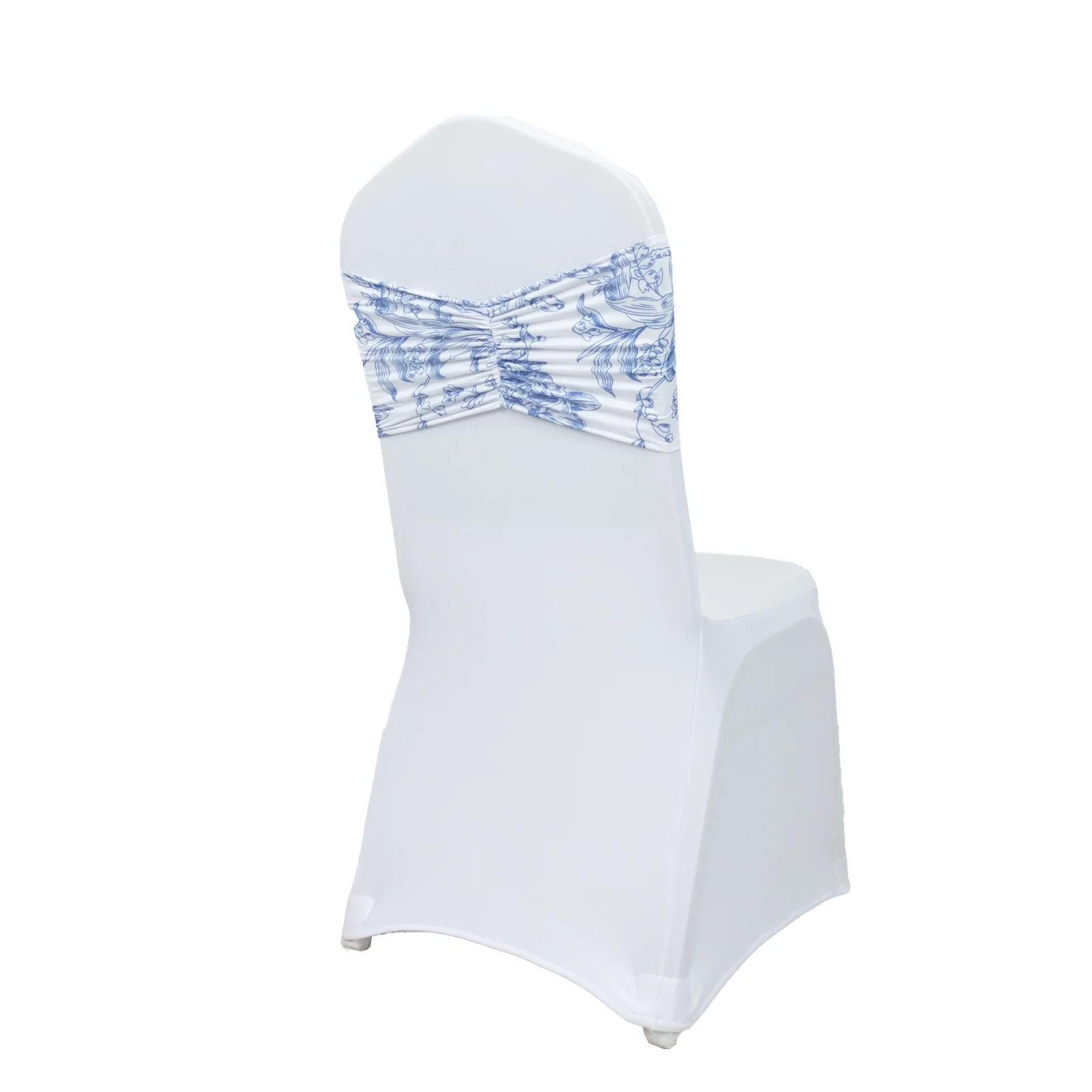 5 Pack Wide Spandex Chair Sashes in White Blue French Toile – Stylish Ruffled Chair Bands - 8"x13" - Image 6