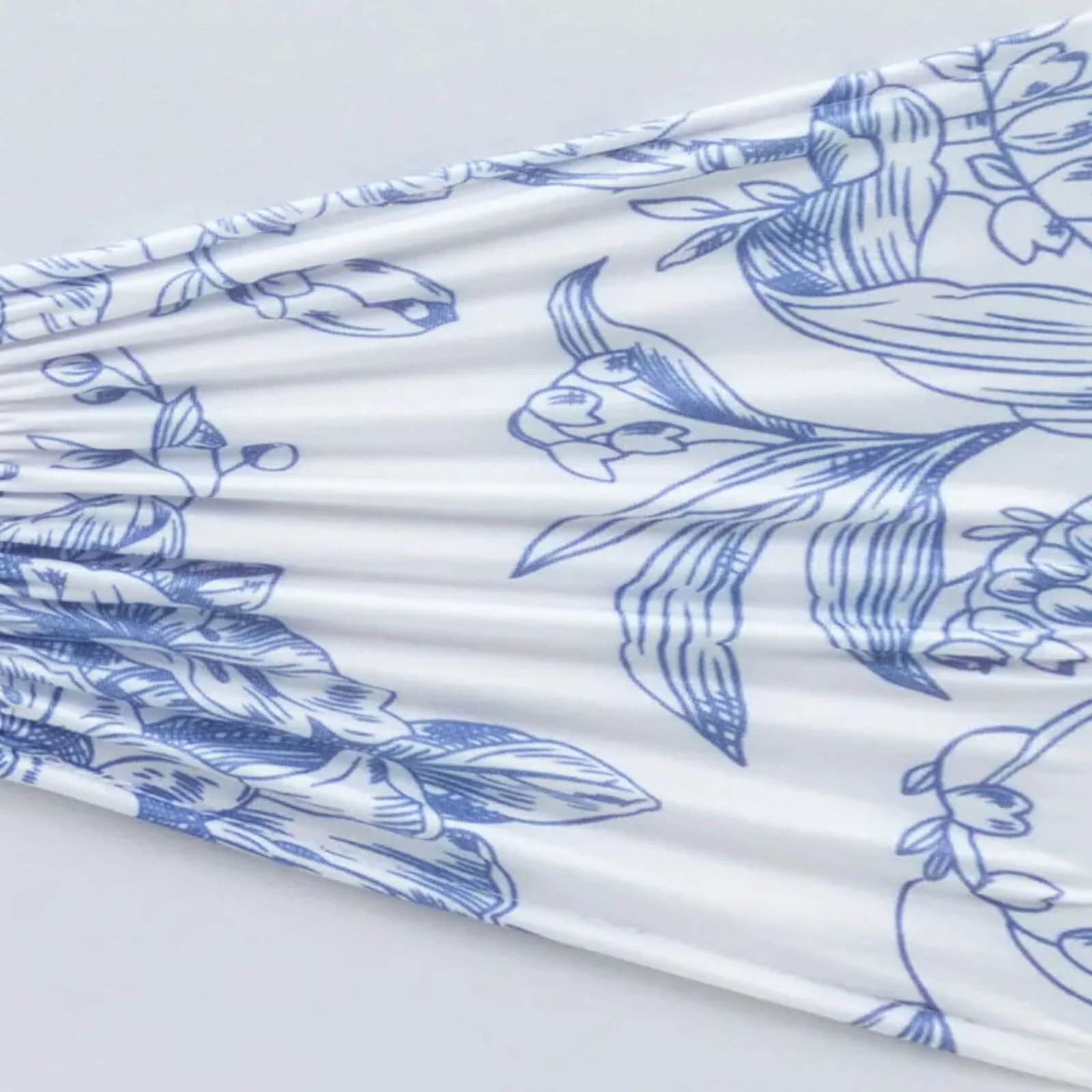 5 Pack Wide Spandex Chair Sashes in White Blue French Toile – Stylish Ruffled Chair Bands - 8"x13" - Image 7