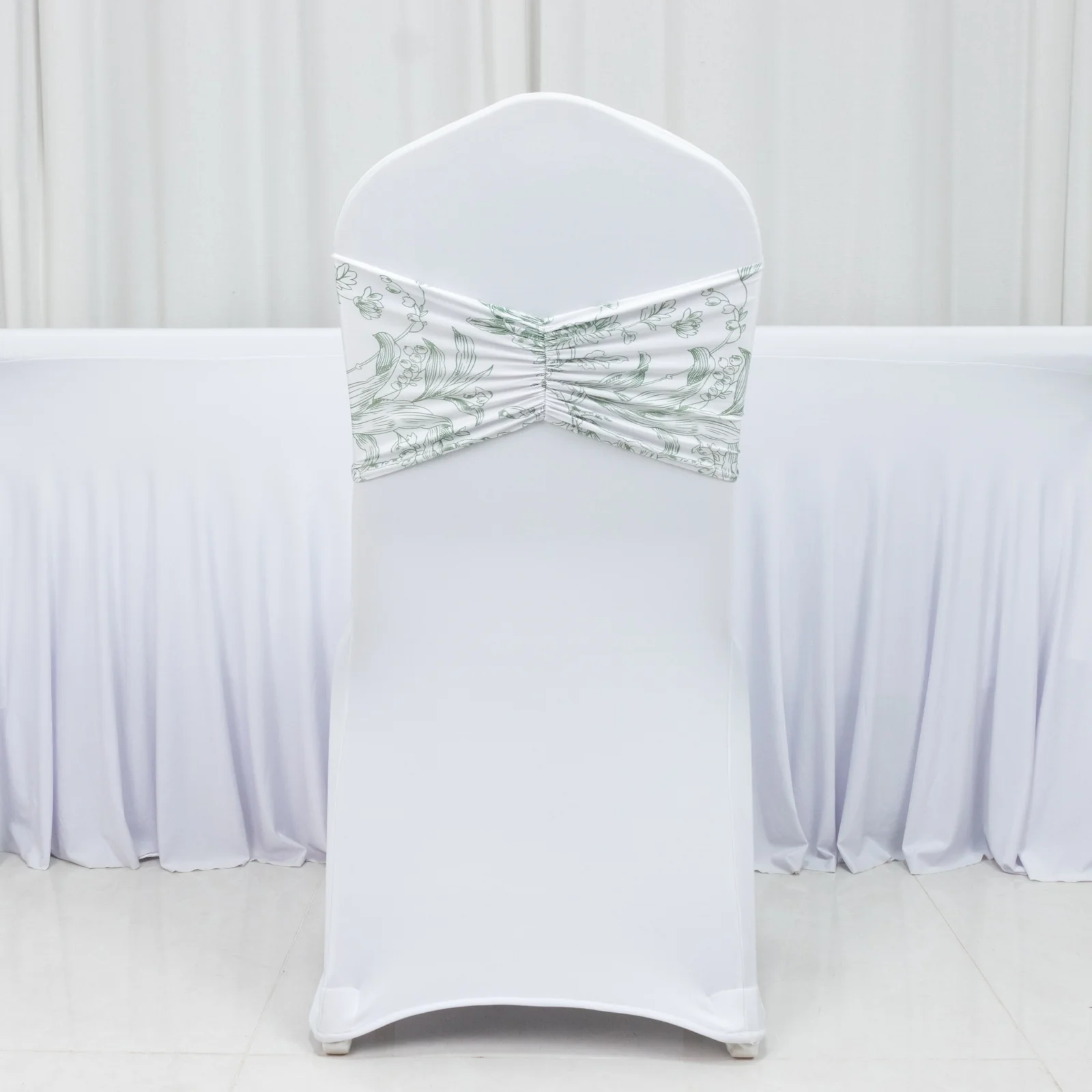 5 Pack Wide Spandex Chair Sashes in White Dusty Sage Green French Toile – Stylish Ruffled Chair Bands - 8"x13" - Image 2