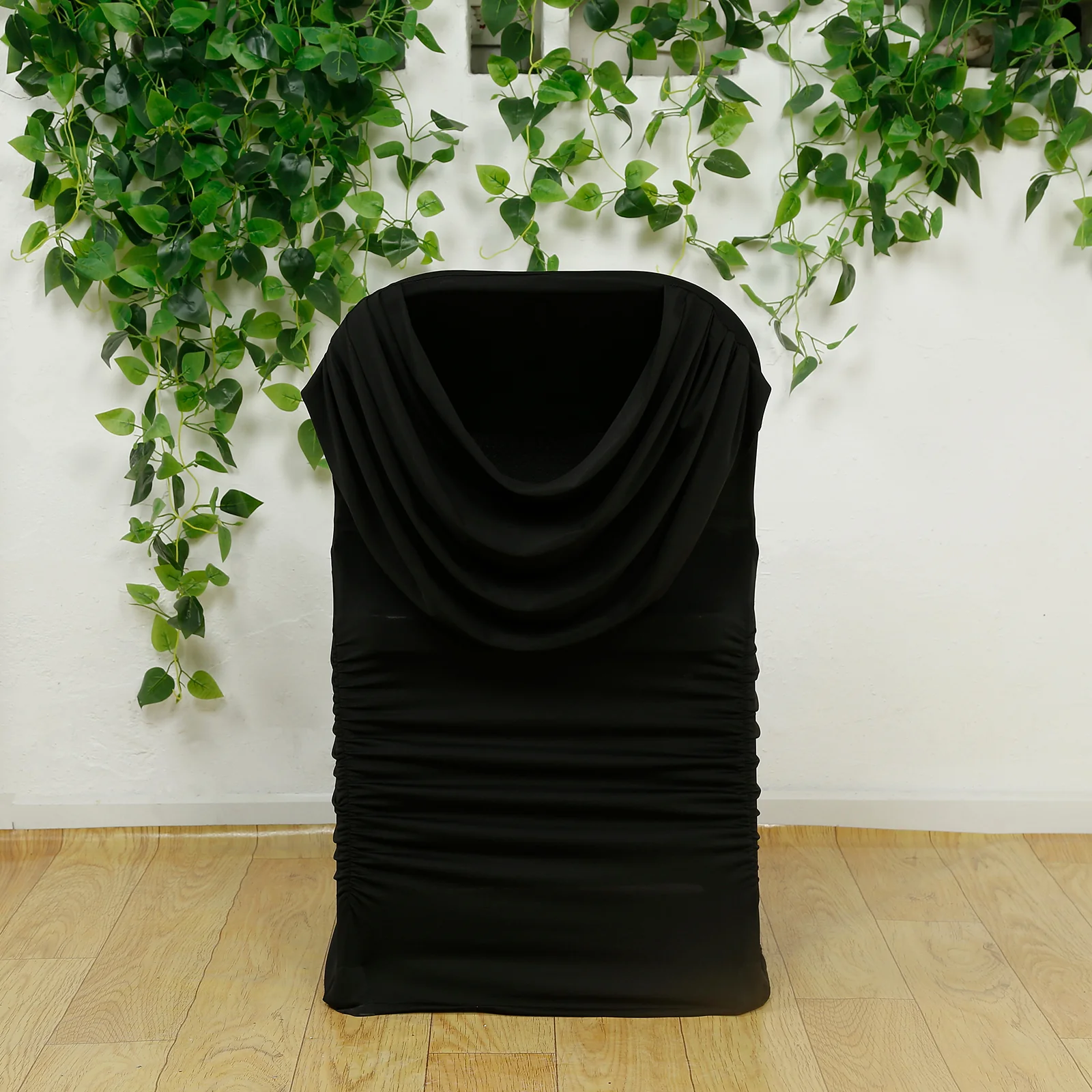 Spandex Folding Chair Cover Black with Ruched Swag Back and Foot Pockets – Fitted Stretch Slipcover - Image 3