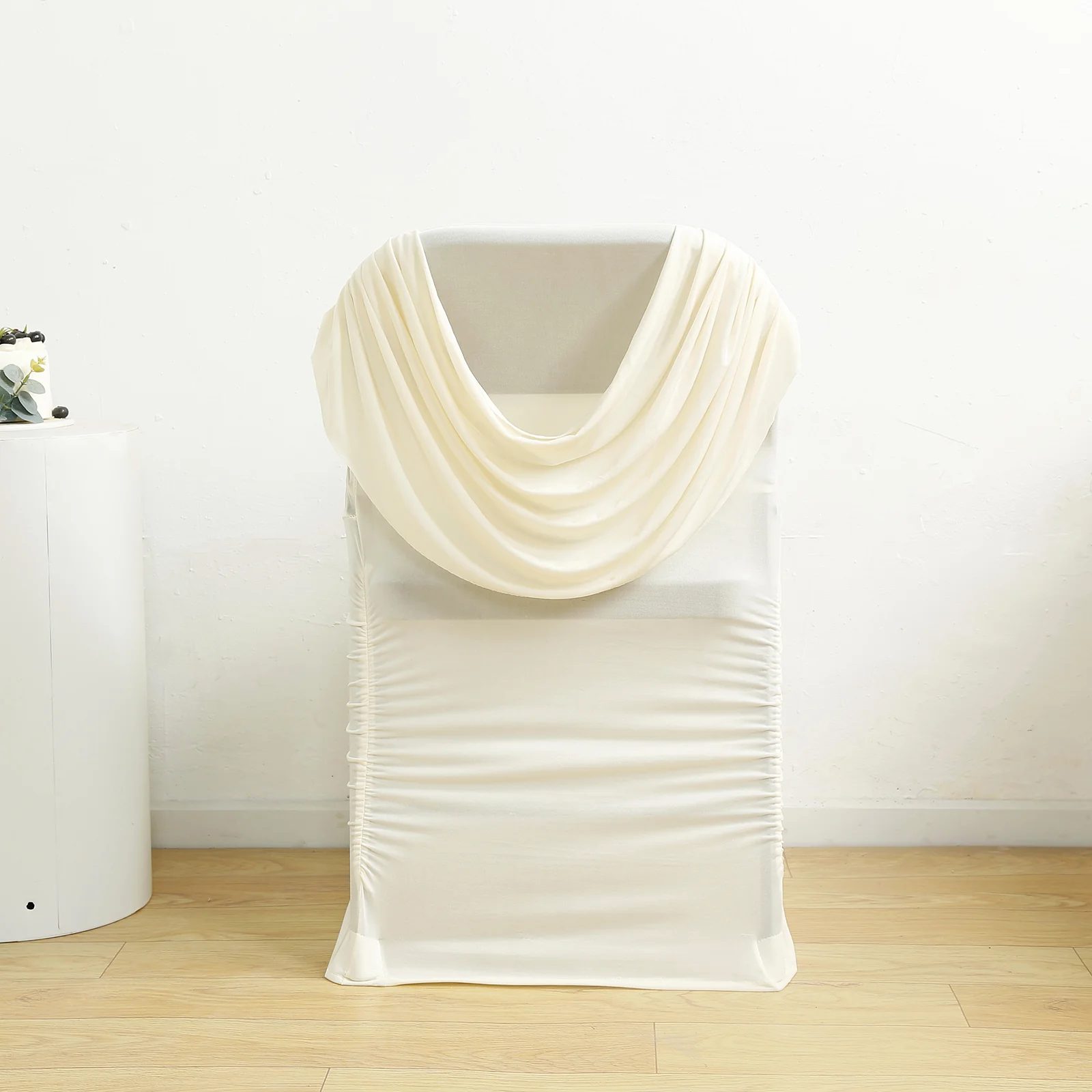 Spandex Folding Chair Cover Ivory with Ruched Swag Back and Foot Pockets – Fitted Stretch Slipcover - Image 2