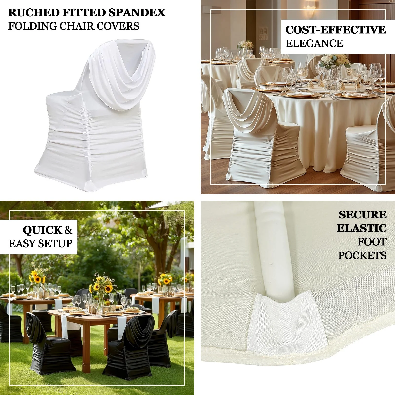 Spandex Folding Chair Cover Ivory with Ruched Swag Back and Foot Pockets – Fitted Stretch Slipcover - Image 3