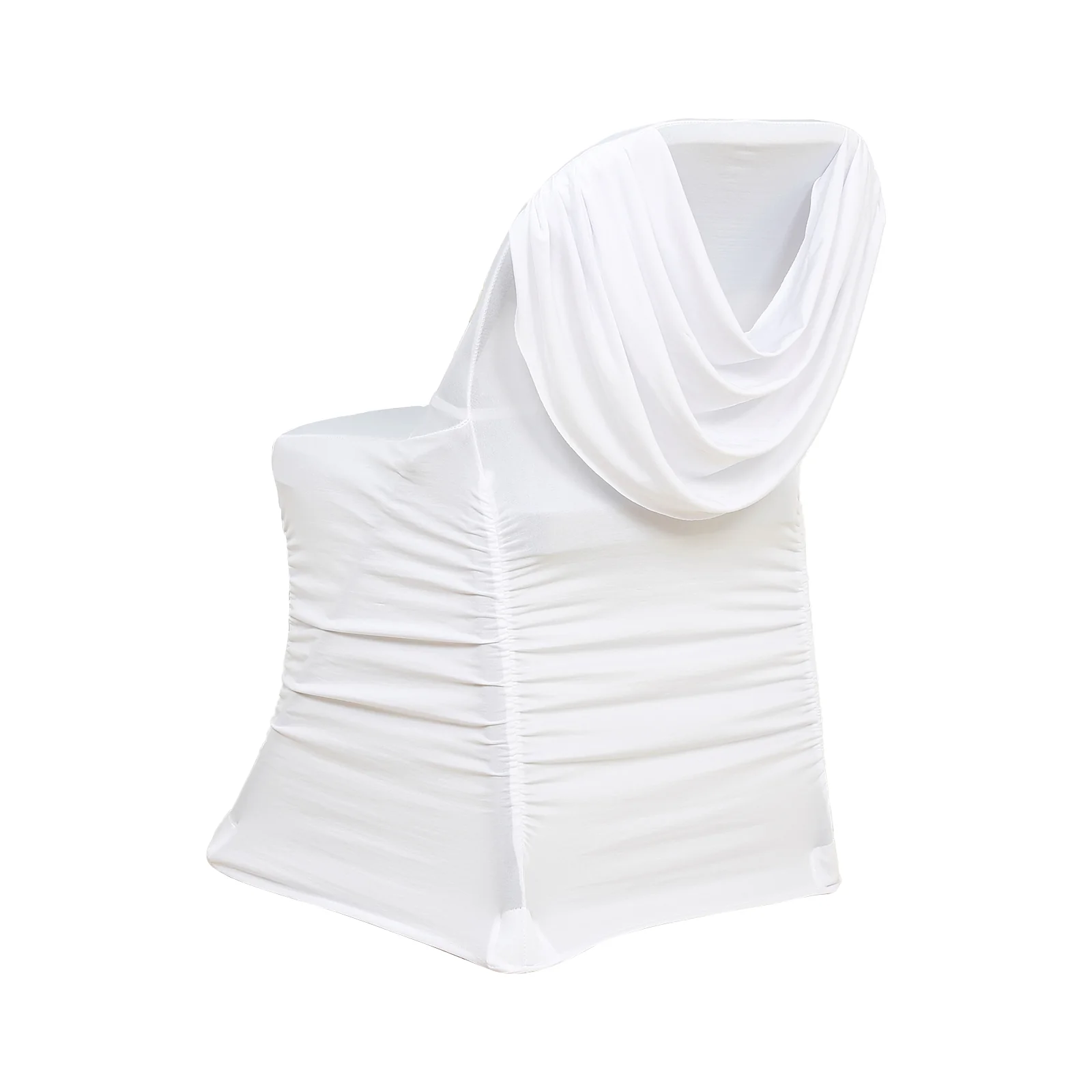 Spandex Folding Chair Cover White with Ruched Swag Back and Foot Pockets – Fitted Stretch Slipcover