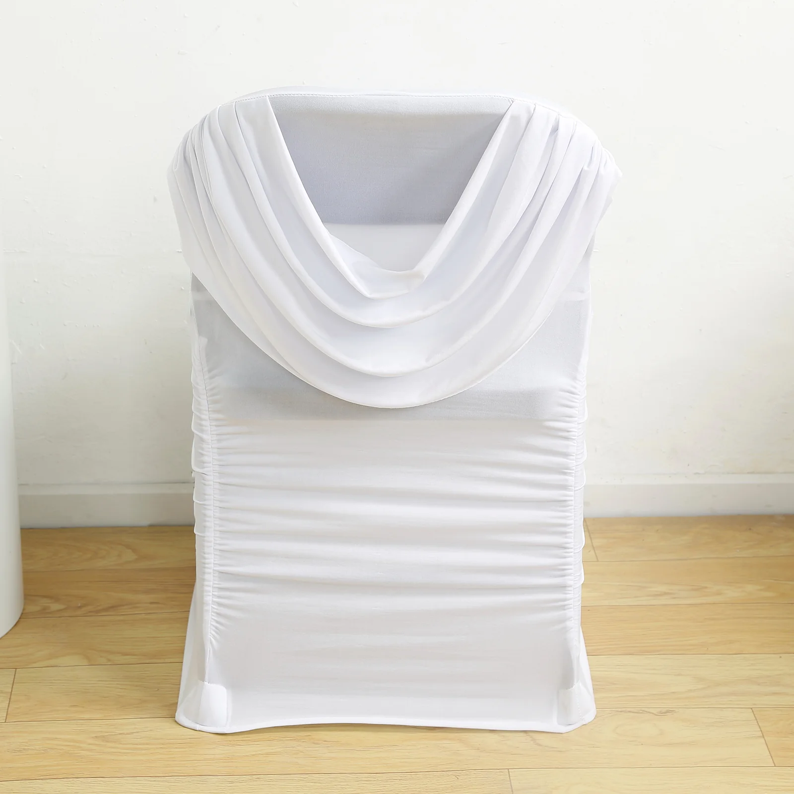Spandex Folding Chair Cover White with Ruched Swag Back and Foot Pockets – Fitted Stretch Slipcover - Image 3