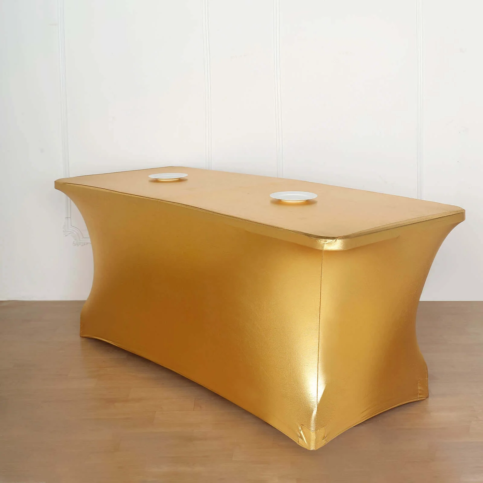 Stretch Spandex 72"x30" Rectangle Tablecloth Metallic Gold - Glamorous Form-Fitting Table Cover for Upscale Gatherings - Image 2