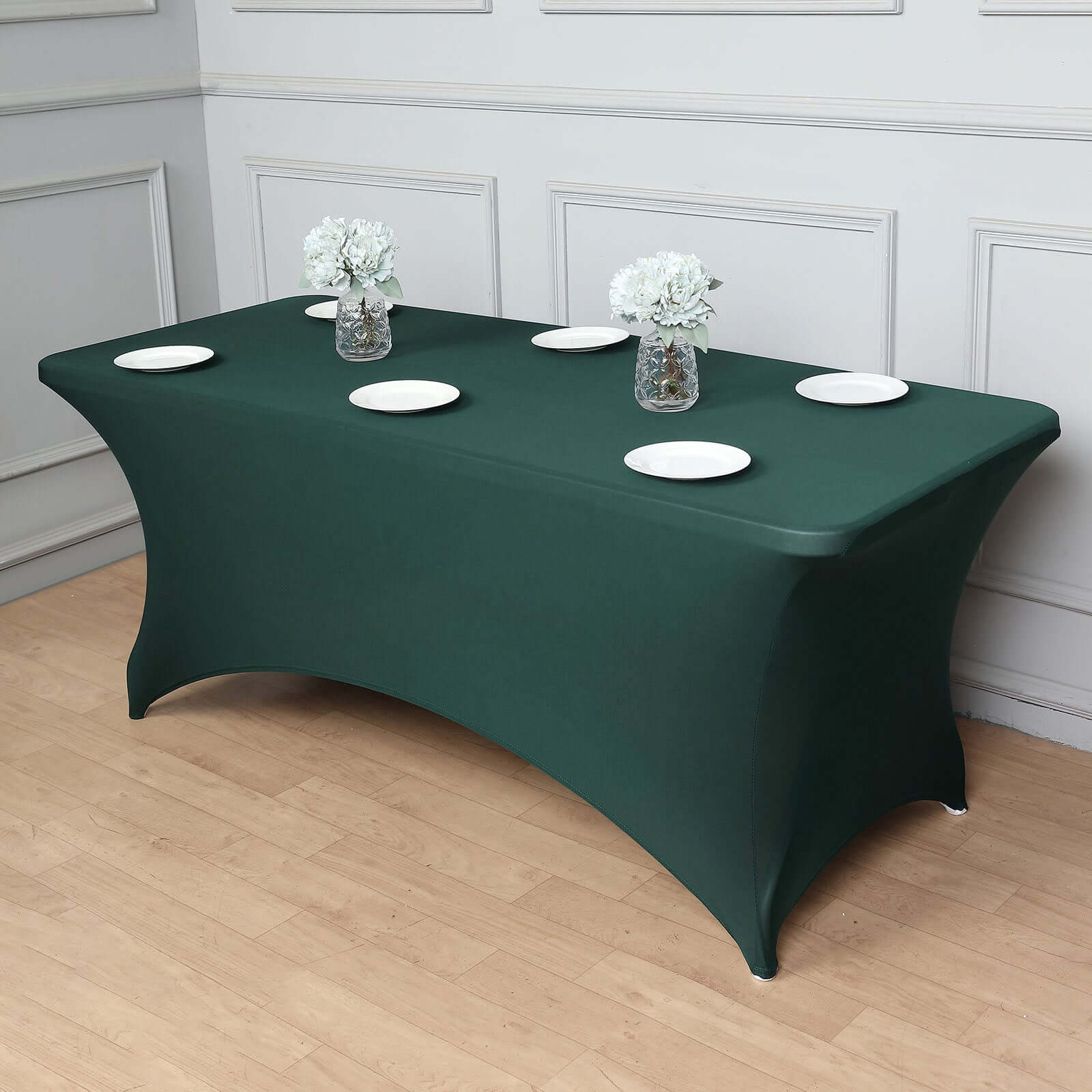Stretch Spandex 96"x30" Rectangle Table Cover Hunter Emerald Green - Durable Form-Fitting Tablecloth - Image 2