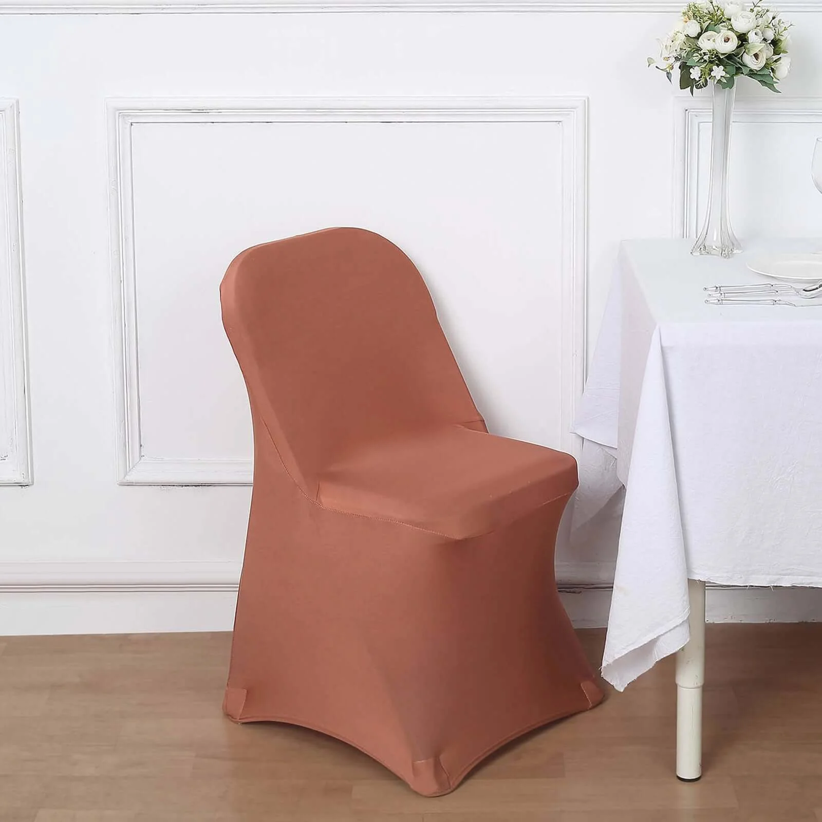 Stretch Spandex Chair Cover Terracotta (Rust) for Folding Chairs - Reusable & Wrinkle-Resistant 160GSM Fitted Slipcover - Image 2