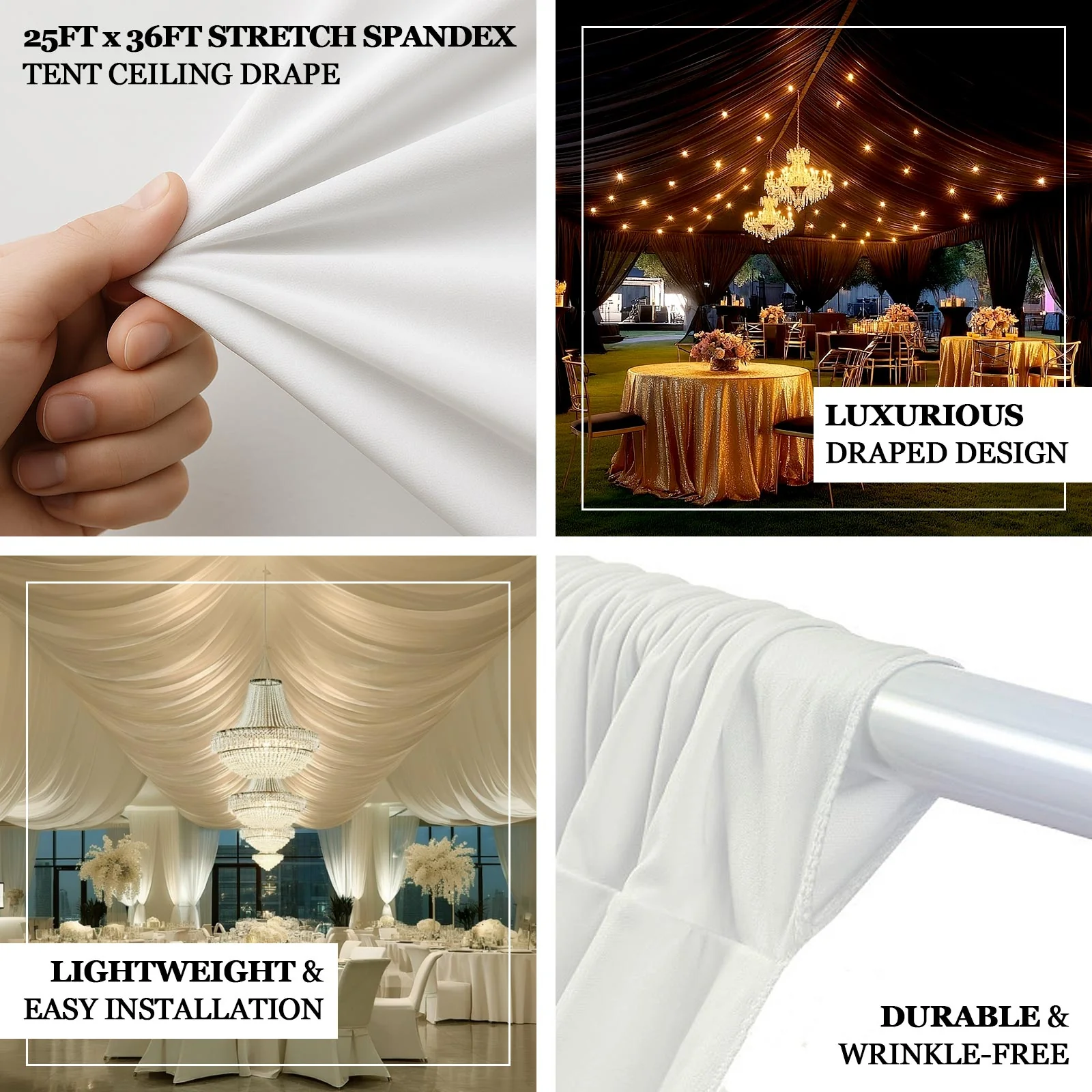 White Stretch Spandex Tent Ceiling Drape – 25ft x 36ft 100GSM Wrinkle-Free Fabric Ceiling Liner with Pole Pockets, Standard - Image 4