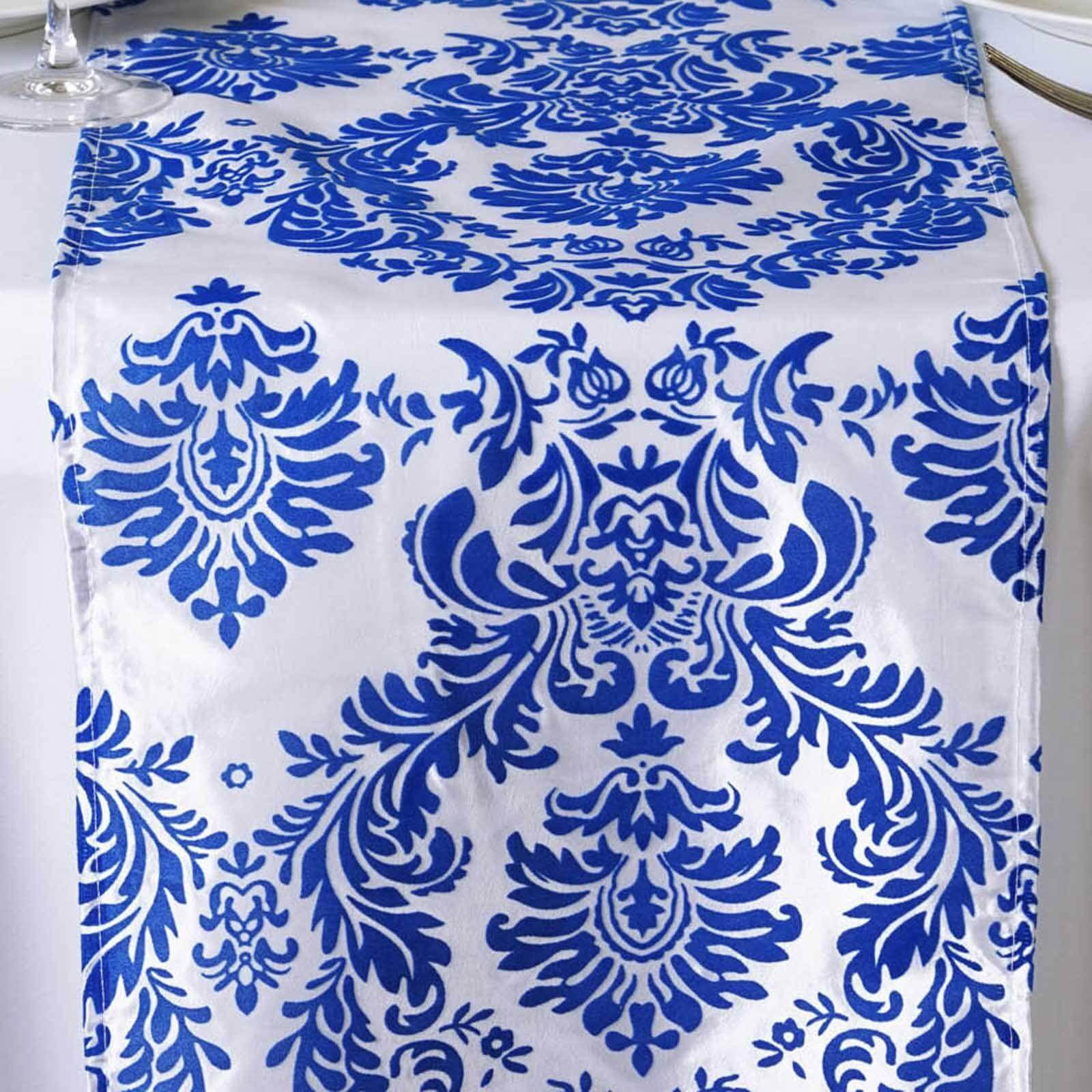 Taffeta Flocking 12"x108" Table Runner Royal Blue Damask - Stylish Table Accent - Image 2