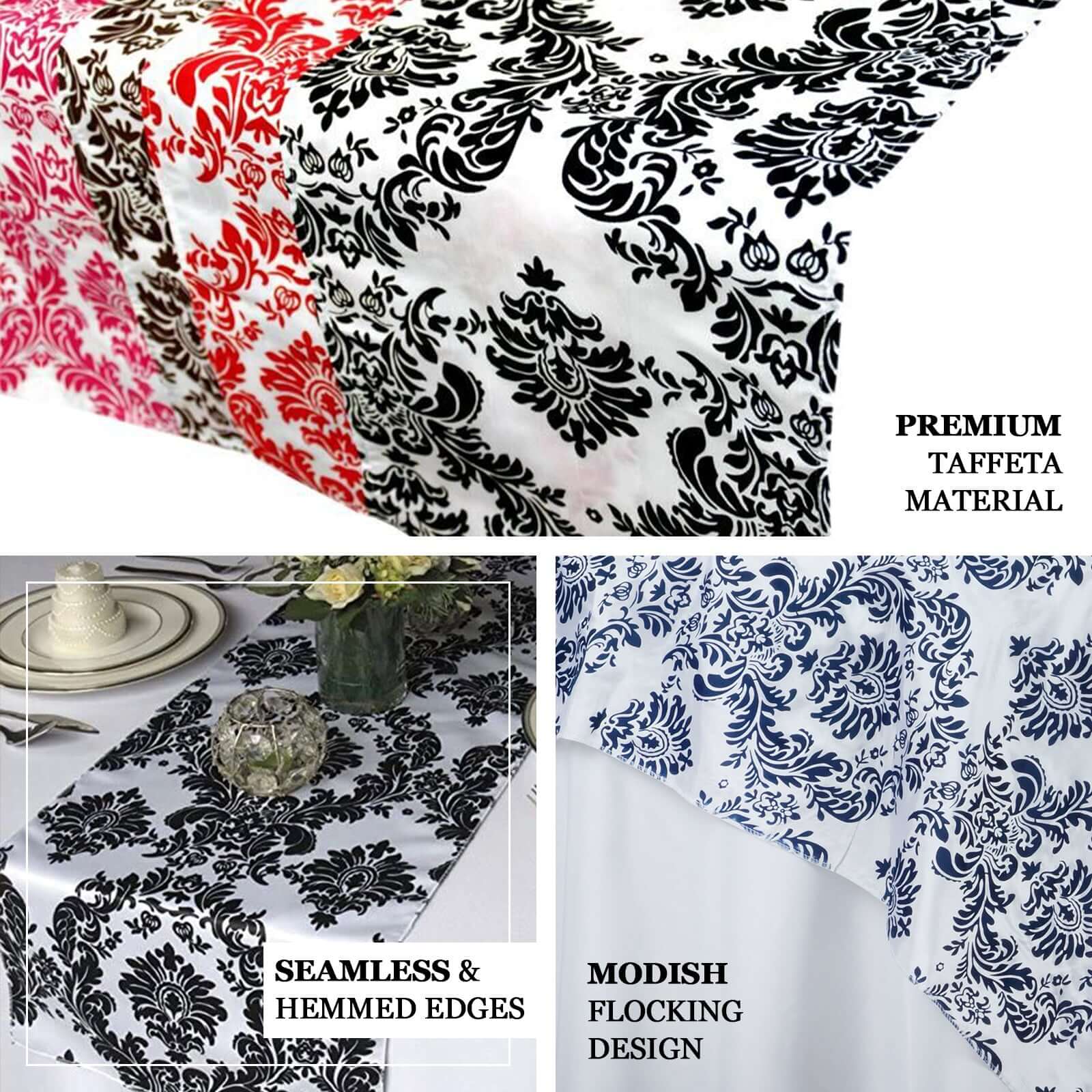 Taffeta Flocking 12"x108" Table Runner Royal Blue Damask - Stylish Table Accent - Image 4