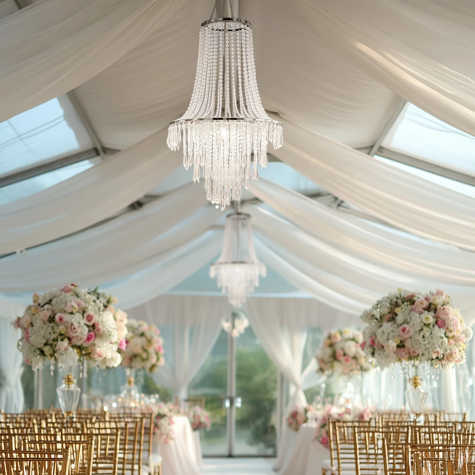 2ft Fountain Crystal Beaded Chandelier – Hanging Pendant Light with Silver Metal Frame & Hook Chain, Elegant Tiered Design - Image 2