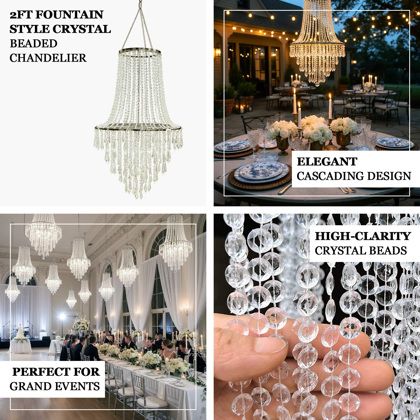 2ft Fountain Crystal Beaded Chandelier – Hanging Pendant Light with Silver Metal Frame & Hook Chain, Elegant Tiered Design - Image 5