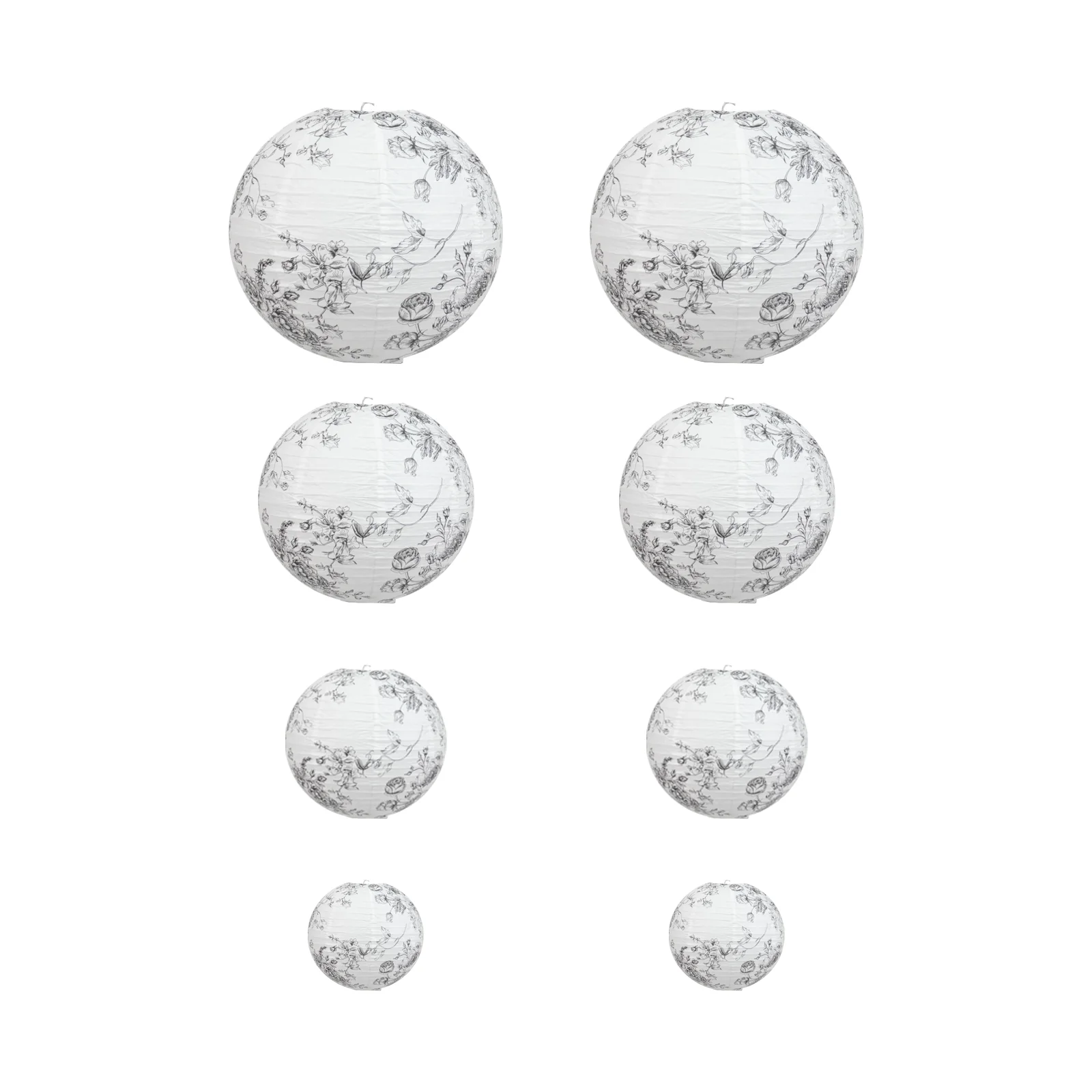 Set of 8 Hanging Paper Lanterns French Toile White with Black Floral Pattern, Decorative Lanterns - 6", 8", 10", 14" - Image 2