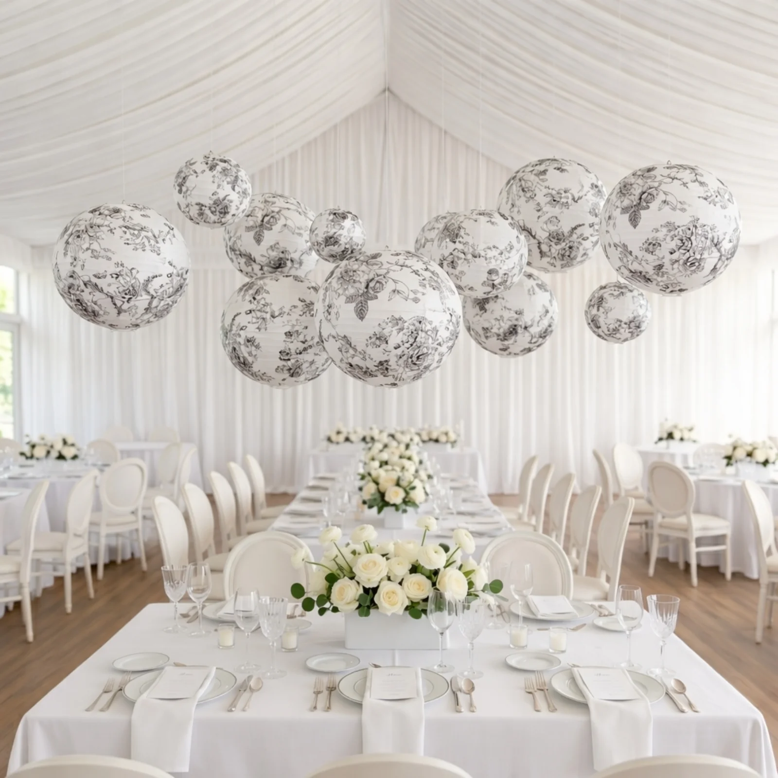 Set of 8 Hanging Paper Lanterns French Toile White with Black Floral Pattern, Decorative Lanterns - 6", 8", 10", 14" - Image 6