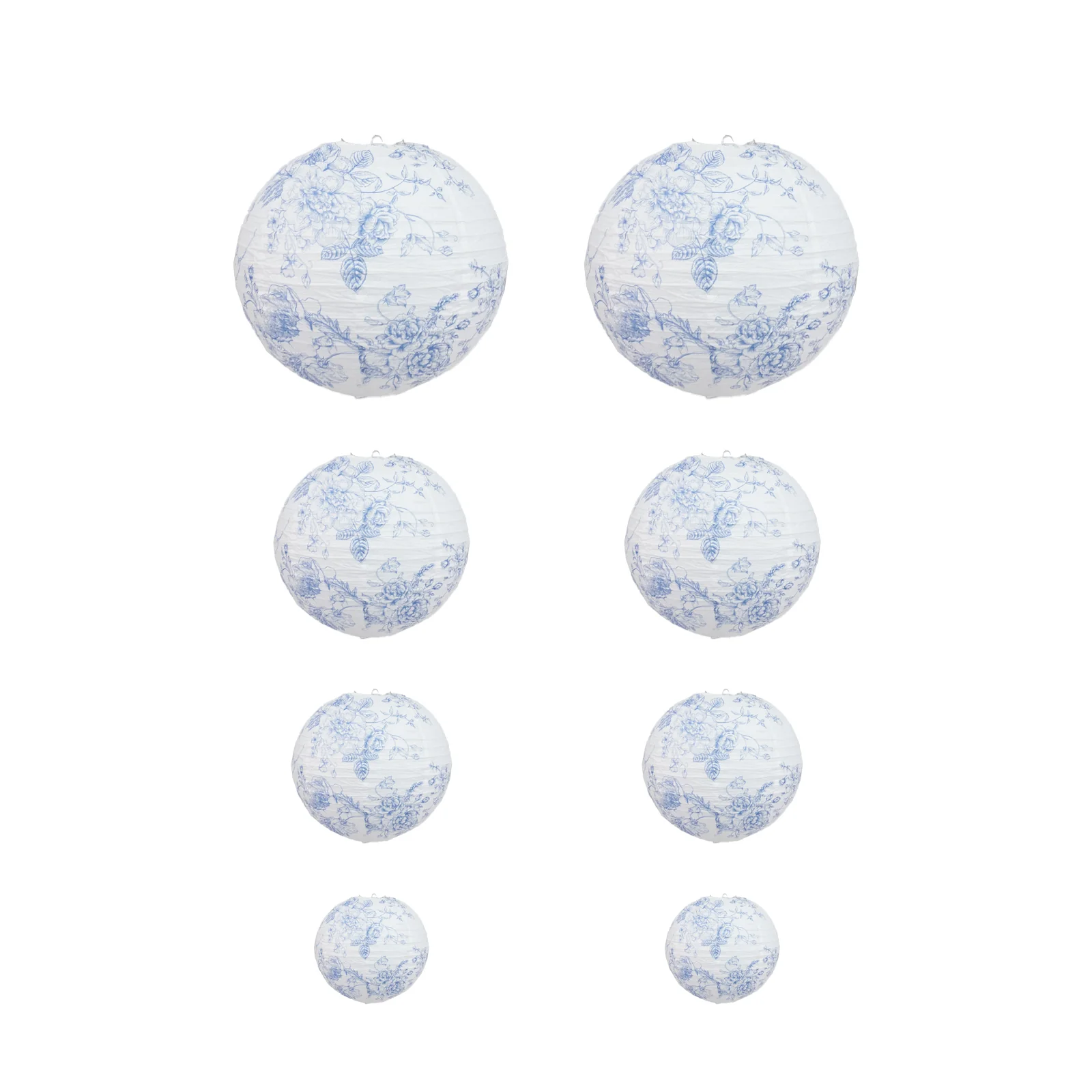 Set of 8 Hanging Paper Lanterns French Toile White with Blue Floral Pattern, Decorative Lanterns - 6", 8", 10", 14" - Image 2