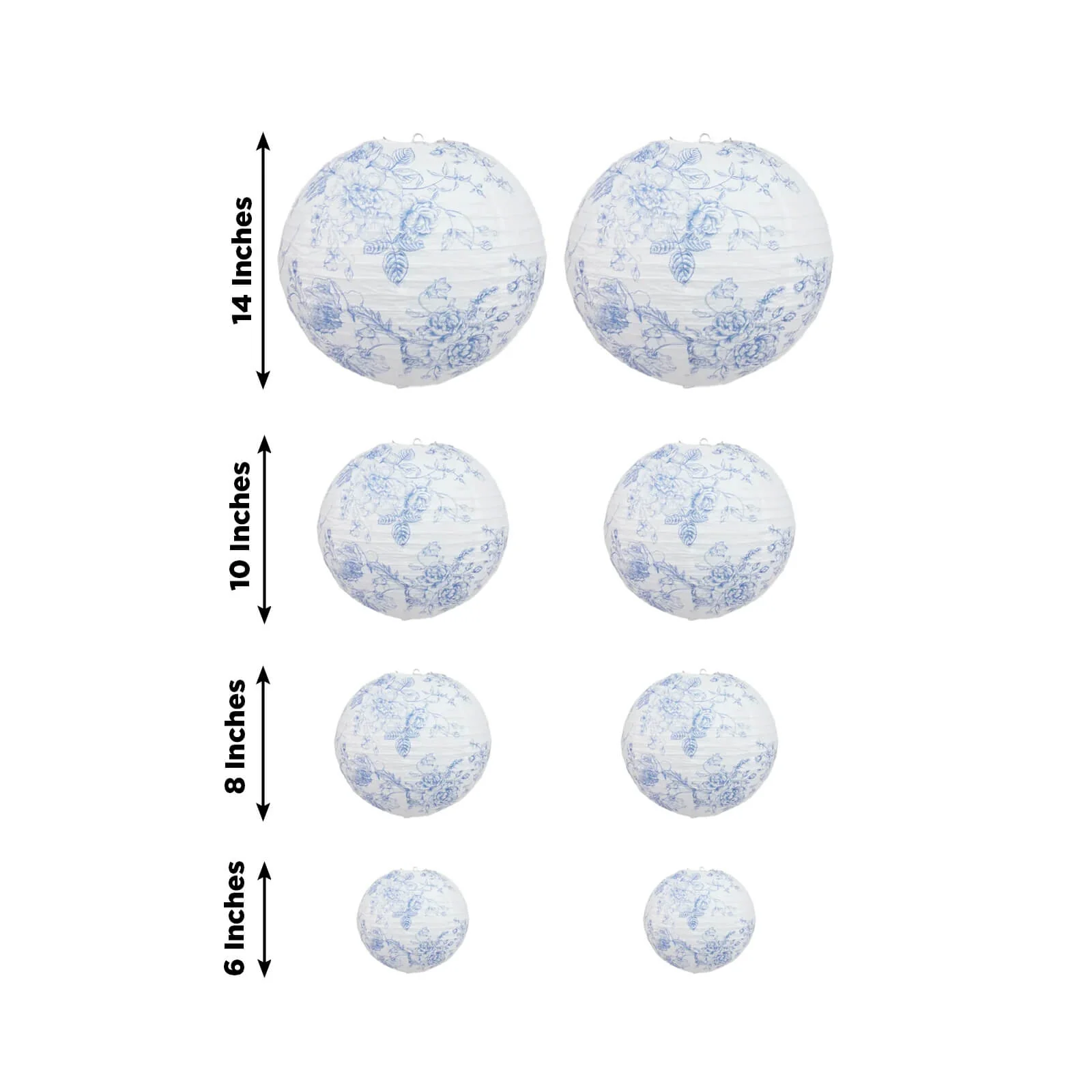 Set of 8 Hanging Paper Lanterns French Toile White with Blue Floral Pattern, Decorative Lanterns - 6", 8", 10", 14" - Image 3