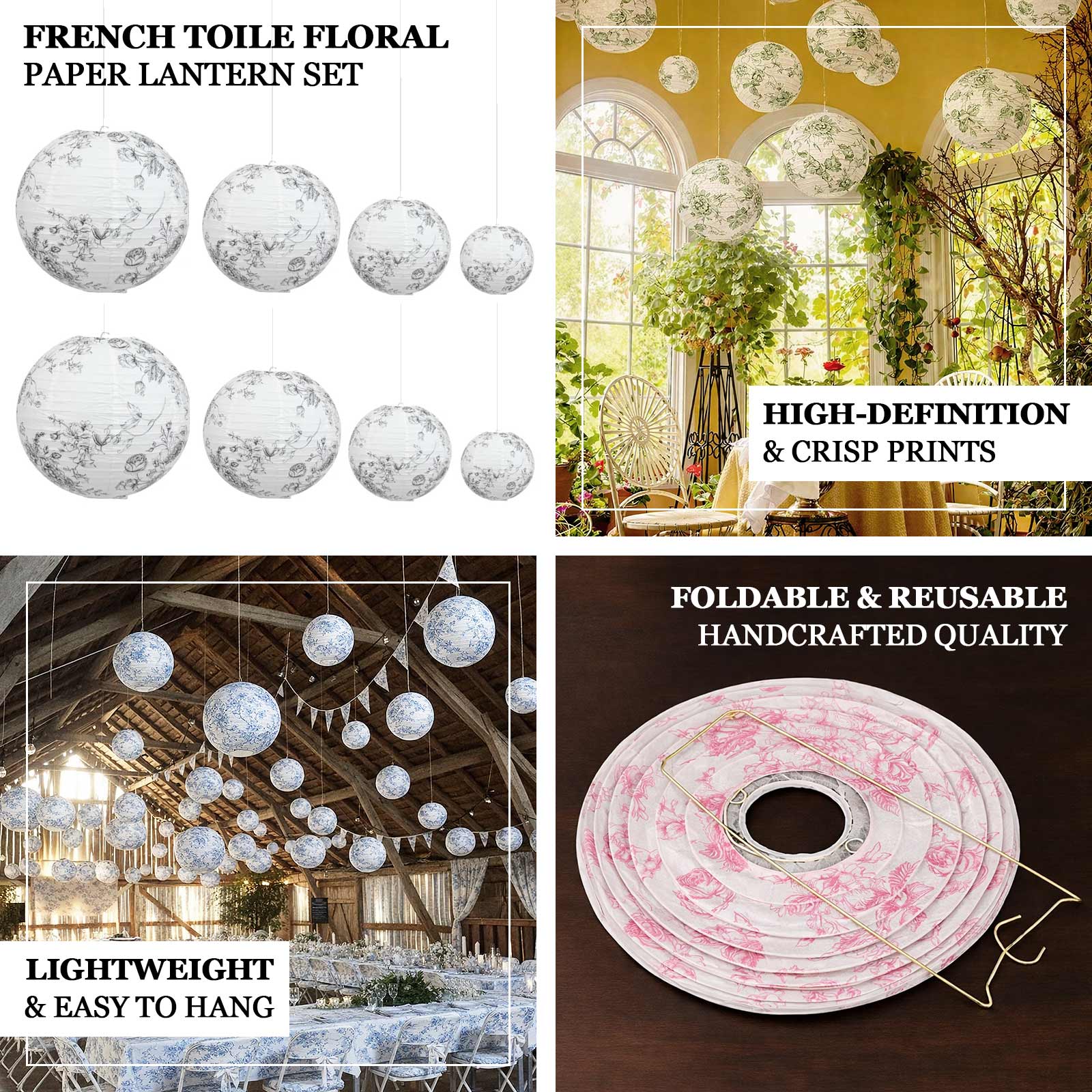 Set of 8 Hanging Paper Lanterns French Toile White with Blue Floral Pattern, Decorative Lanterns - 6", 8", 10", 14" - Image 4