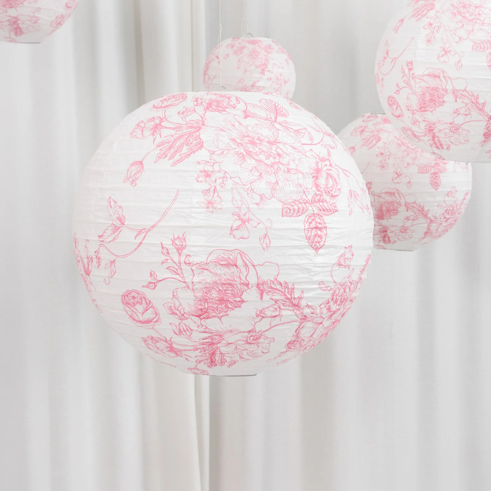 Set of 8 Hanging Paper Lanterns French Toile White with Pink Floral Pattern, Decorative Lanterns - 6", 8", 10", 14" - Image 7