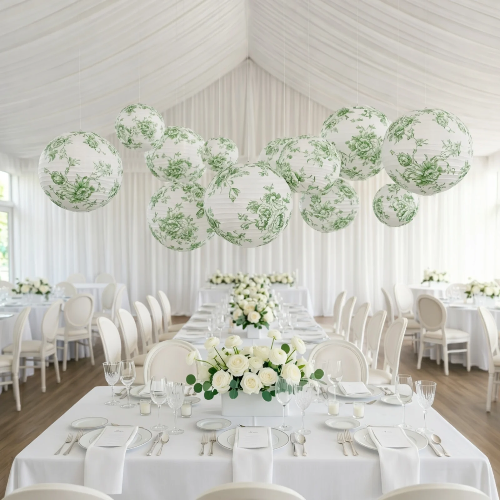 Set of 8 Hanging Paper Lanterns French Toile White with Sage Green Floral Pattern, Decorative Lanterns - 6", 8", 10", 14" - Image 6