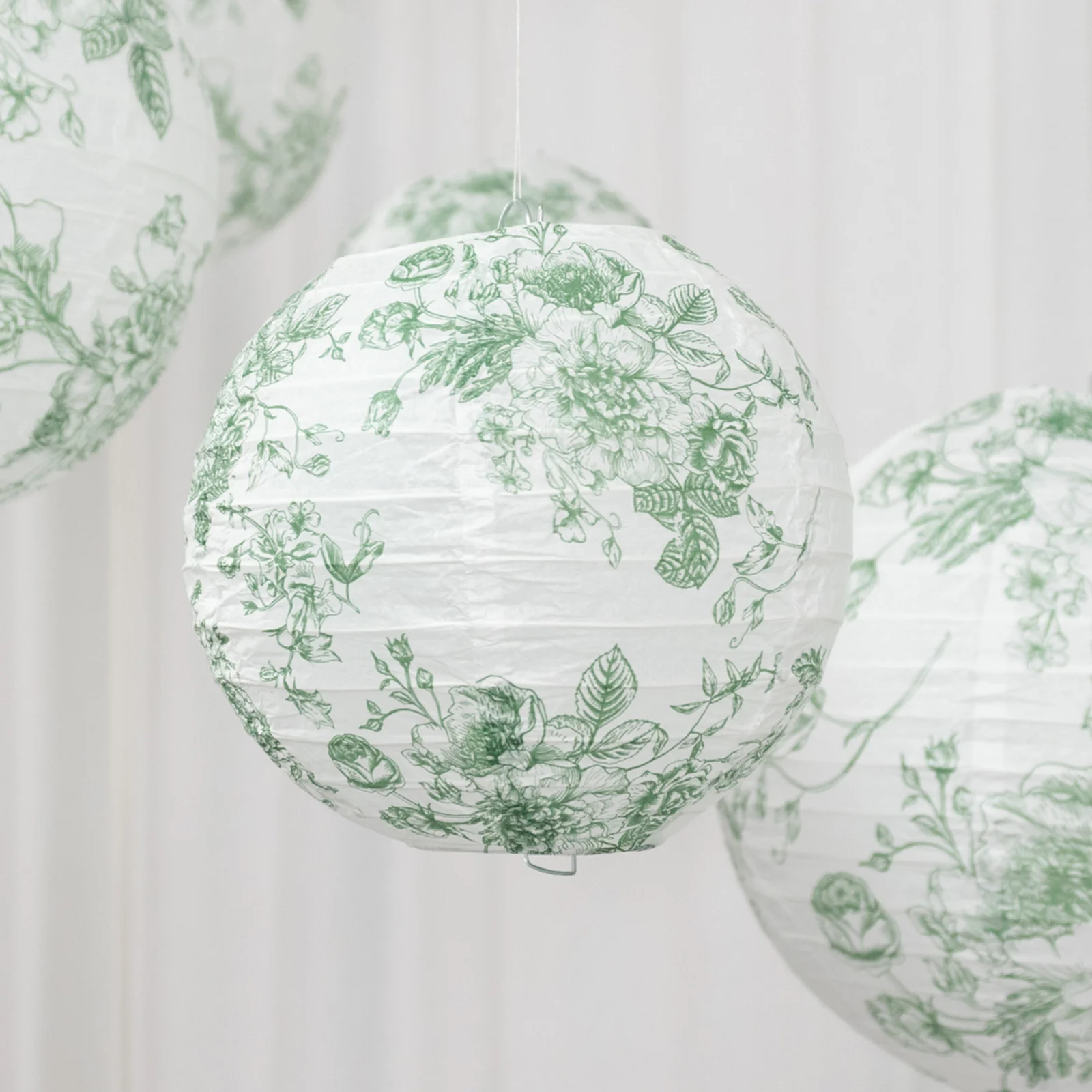 Set of 8 Hanging Paper Lanterns French Toile White with Sage Green Floral Pattern, Decorative Lanterns - 6", 8", 10", 14" - Image 7