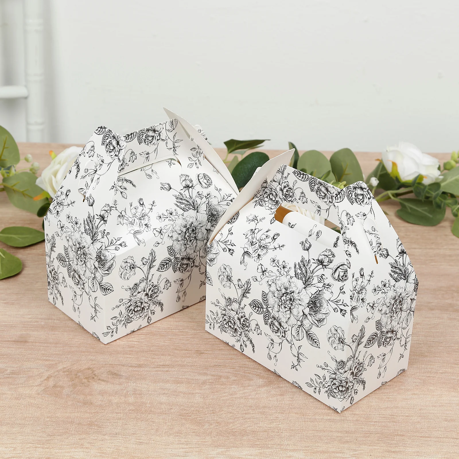 25 Pack Candy Treat Tote Boxes in French Toile Pattern - Matte Black and White Party Favor Gable Boxes, Cardstock Paper - 6"x3.5"x7" - Image 2