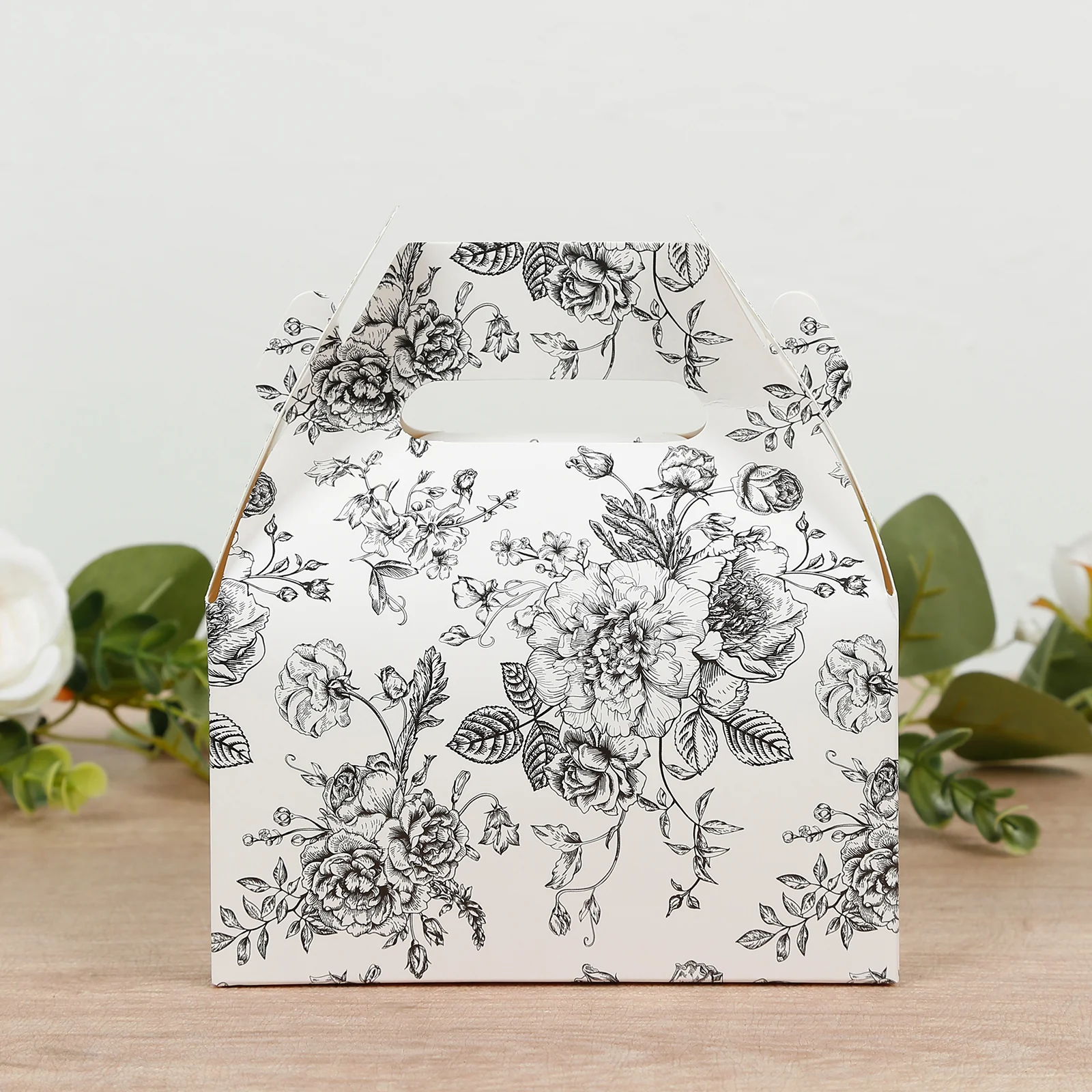 25 Pack Candy Treat Tote Boxes in French Toile Pattern - Matte Black and White Party Favor Gable Boxes, Cardstock Paper - 6"x3.5"x7" - Image 3