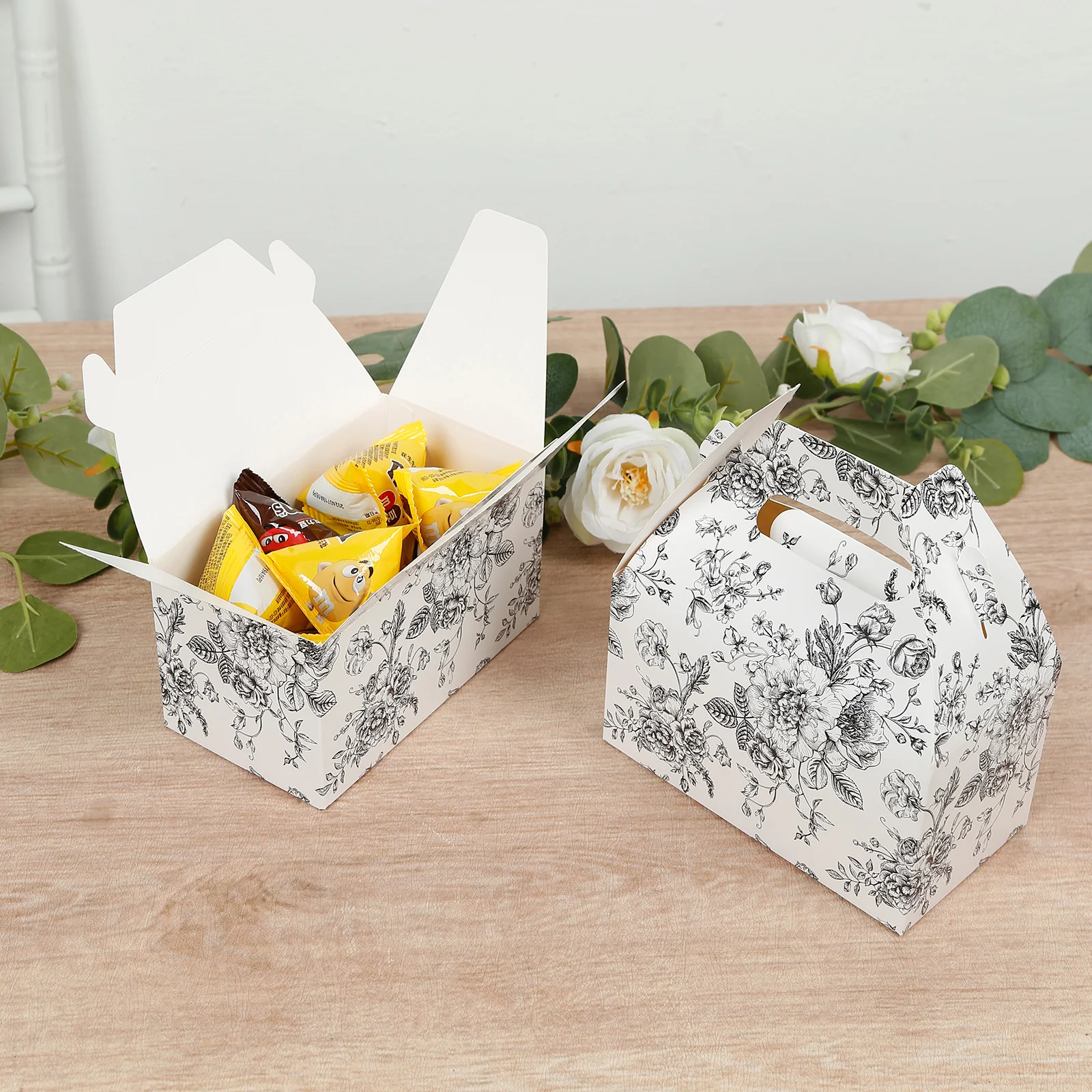 25 Pack Candy Treat Tote Boxes in French Toile Pattern - Matte Black and White Party Favor Gable Boxes, Cardstock Paper - 6"x3.5"x7" - Image 5