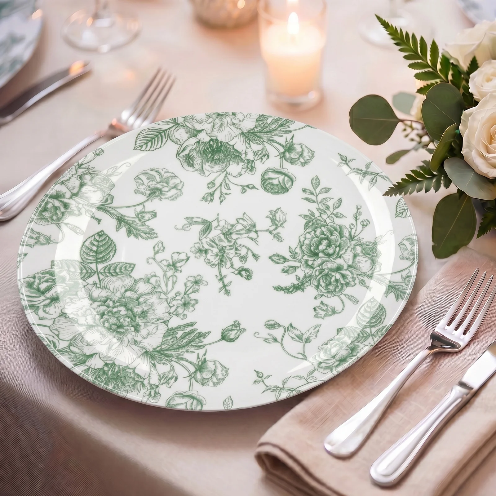 10-Pack French Toile Plastic Party Plates – Sage Green & White Floral, 10" Round Disposable Dinner Plates