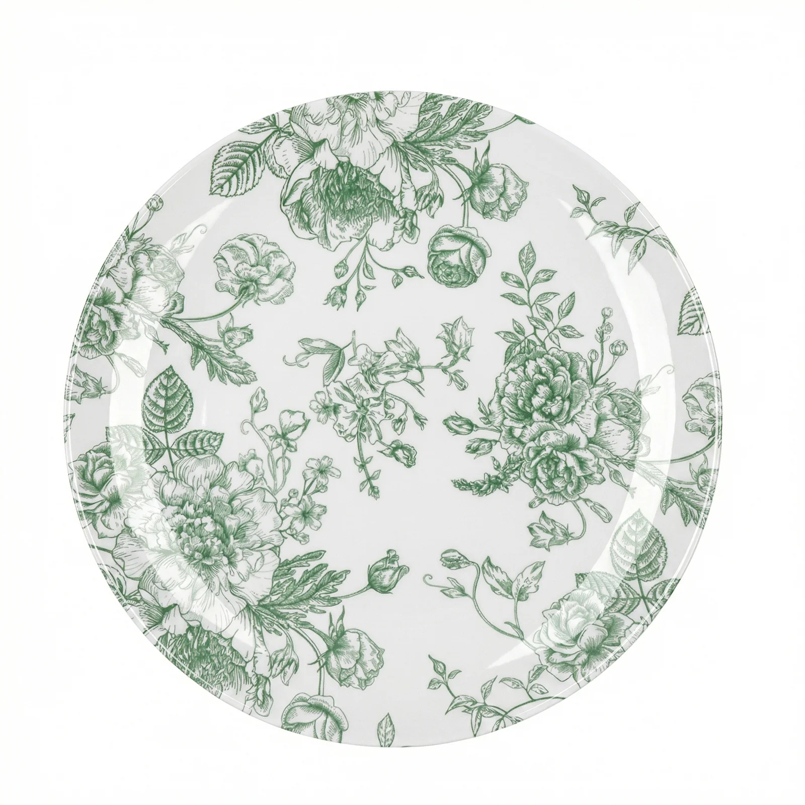10-Pack French Toile Plastic Party Plates – Sage Green & White Floral, 10" Round Disposable Dinner Plates - Image 2