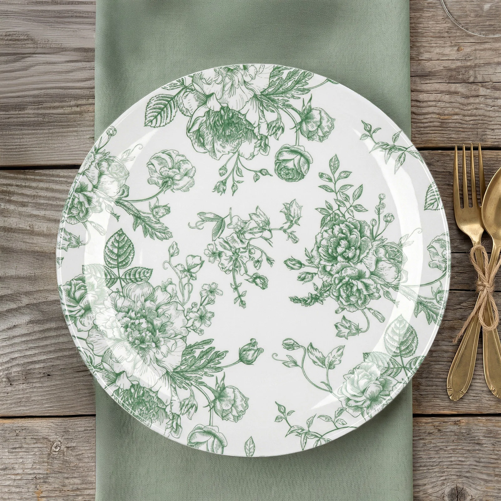 10-Pack French Toile Plastic Party Plates – Sage Green & White Floral, 10" Round Disposable Dinner Plates - Image 7