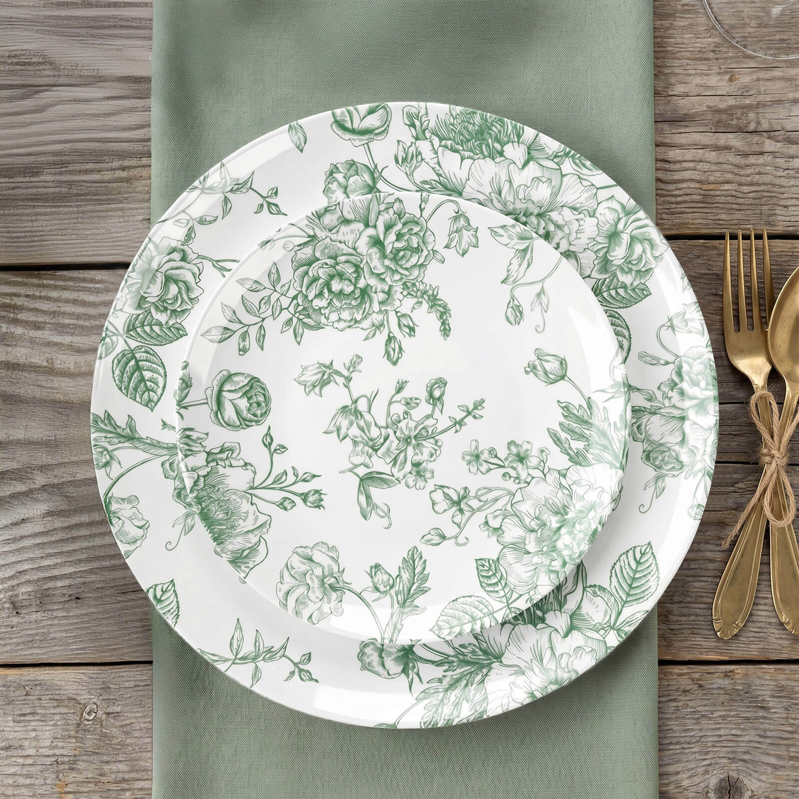 10-Pack French Toile Plastic Salad Plates – Sage Green & White Floral, 7" Round Disposable Dessert Plates - Image 7