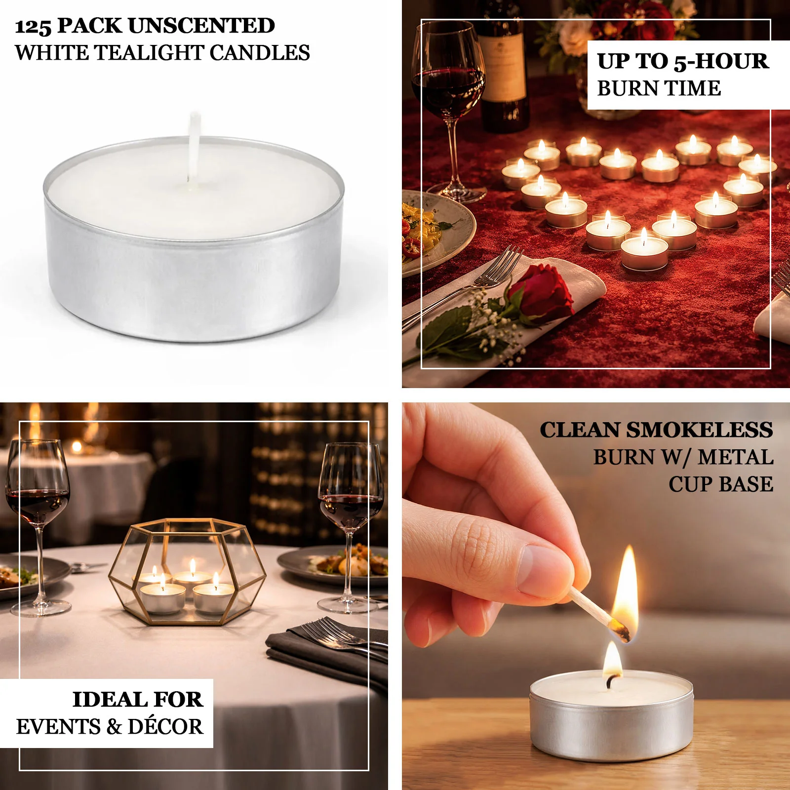 125 Pack White Tealight Candles – Unscented 5 Hour Clean Burning, Smokeless Cotton Wick in Metal Cups - Image 4