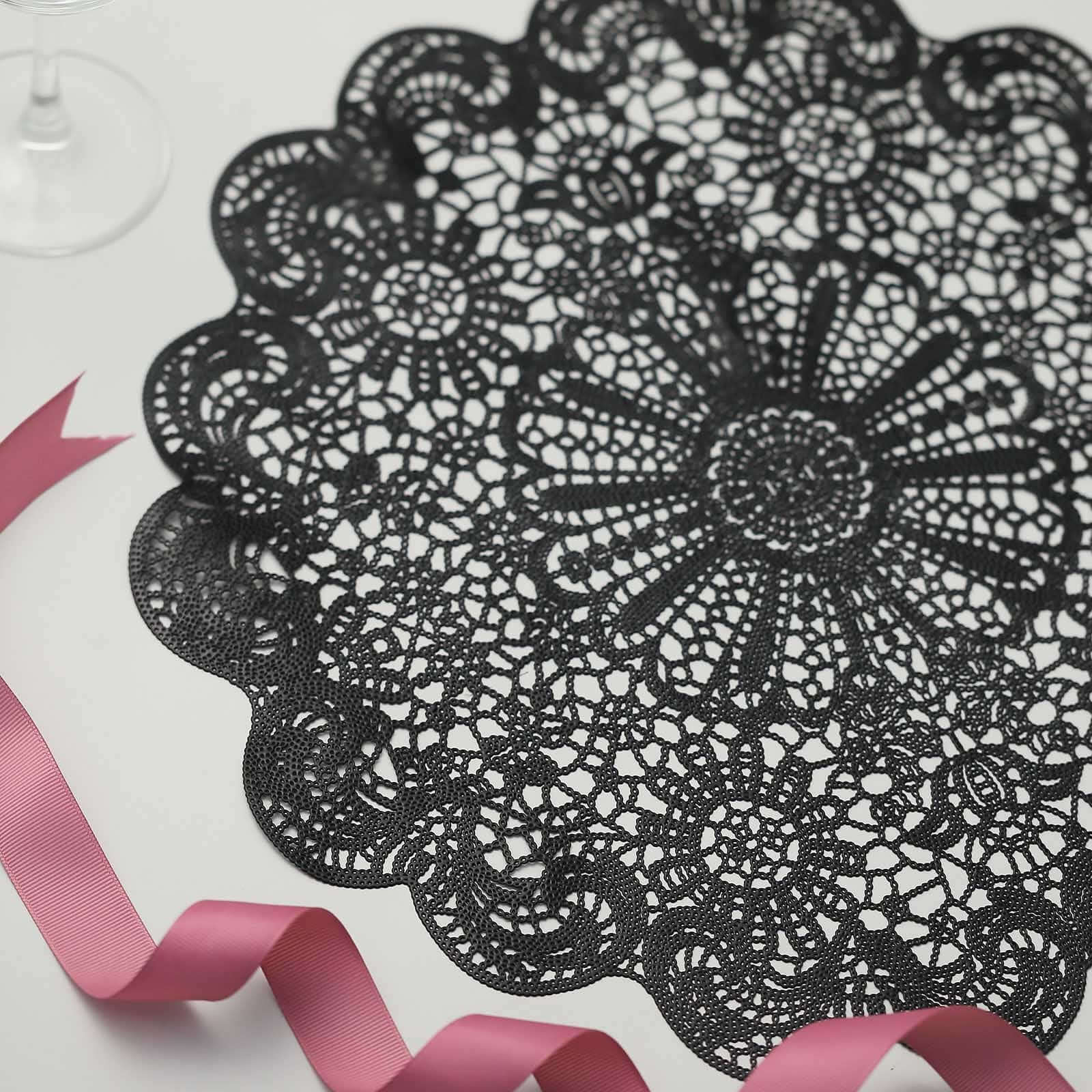 6-Pack Dining Table Mats Floral Lace Design Black - Vinyl Non-Slip Surface with Vintage Appeal 15" - Image 2