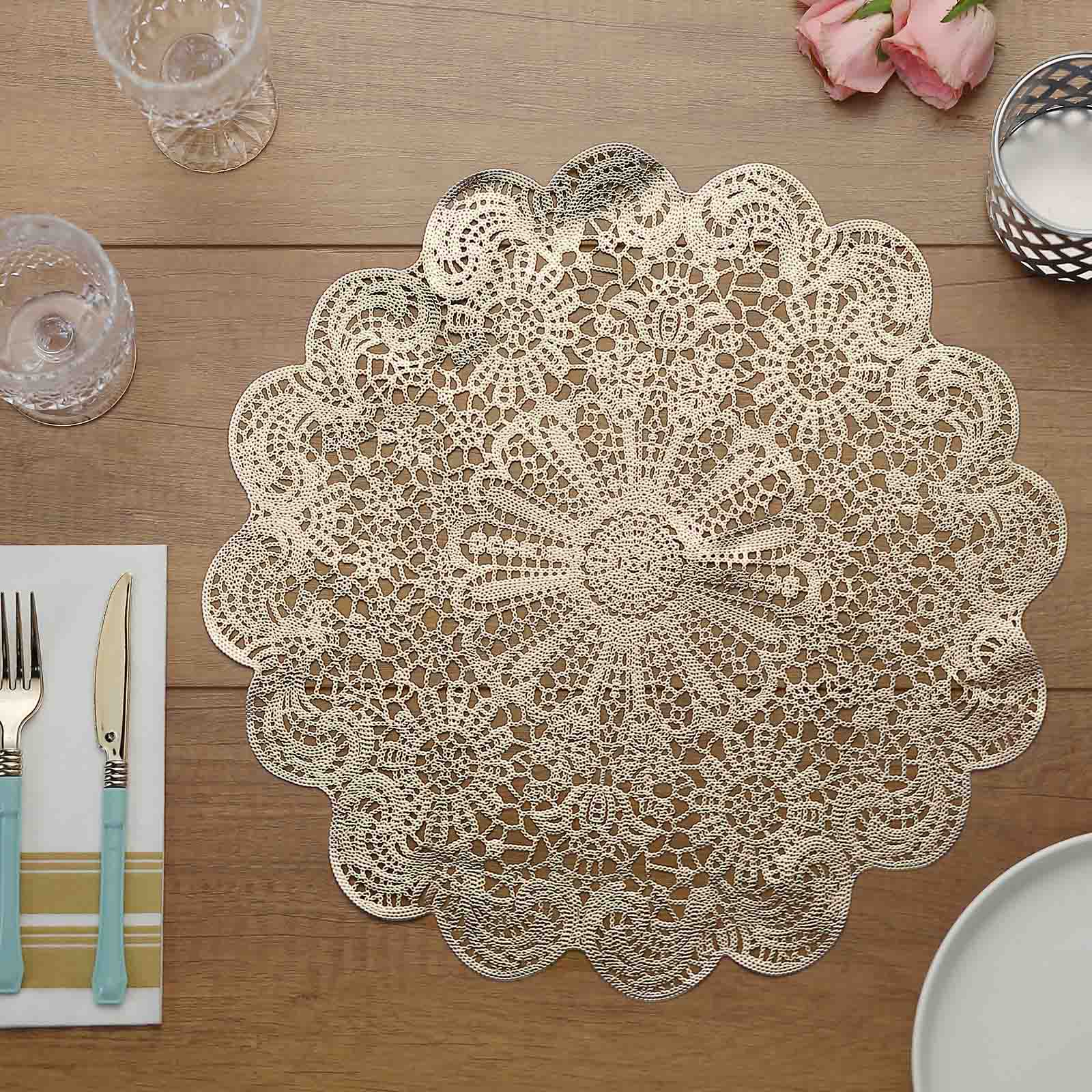 6-Pack Dining Table Mats Floral Lace Design Gold - Vinyl Non-Slip Surface with Vintage Appeal 15" - Image 2