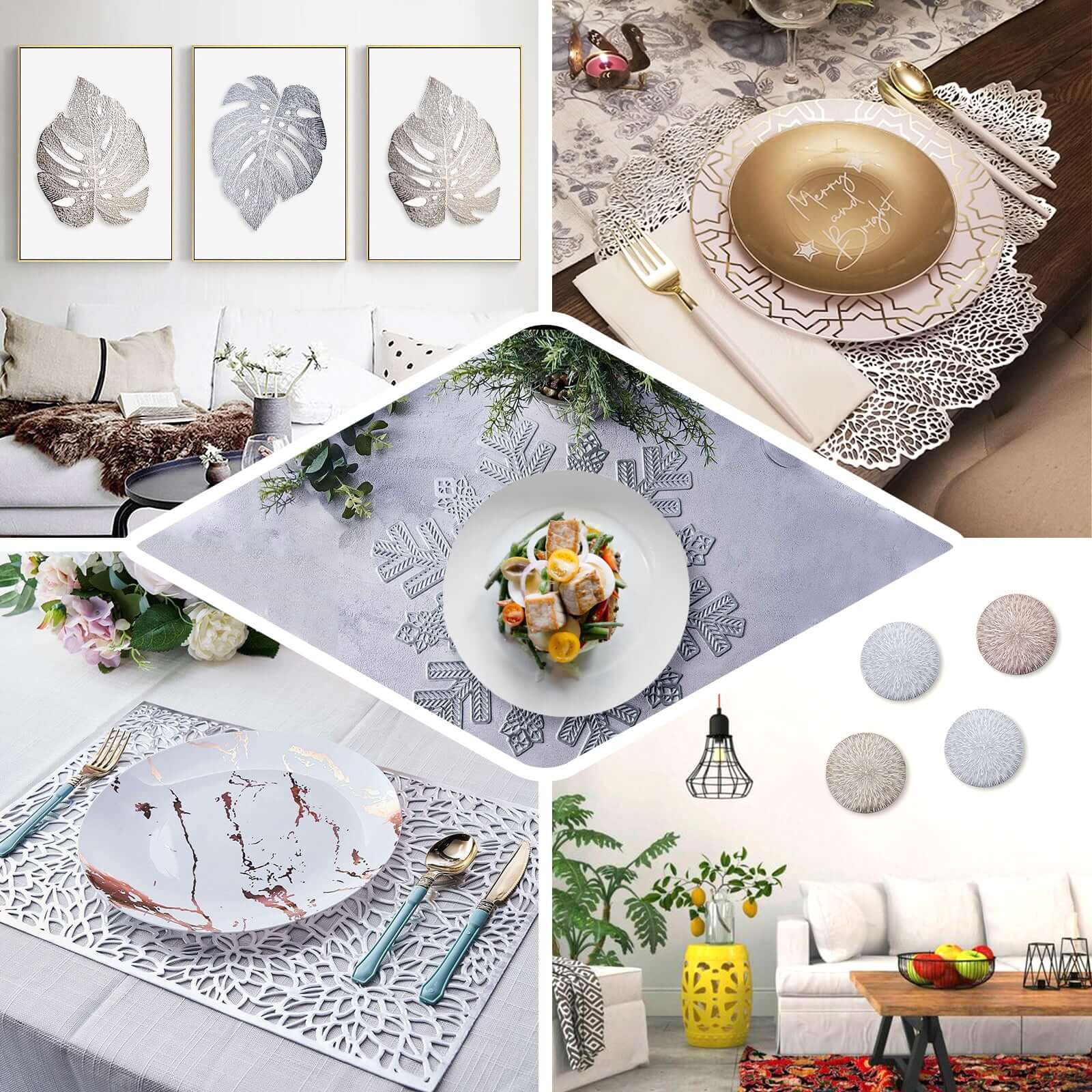 6-Pack Dining Table Mats Floral Lace Design Gold - Vinyl Non-Slip Surface with Vintage Appeal 15" - Image 5