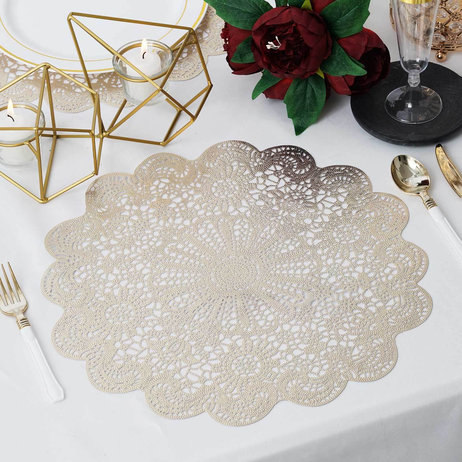 6-Pack Dining Table Mats Floral Lace Design Gold - Vinyl Non-Slip Surface with Vintage Appeal 15" - Image 8