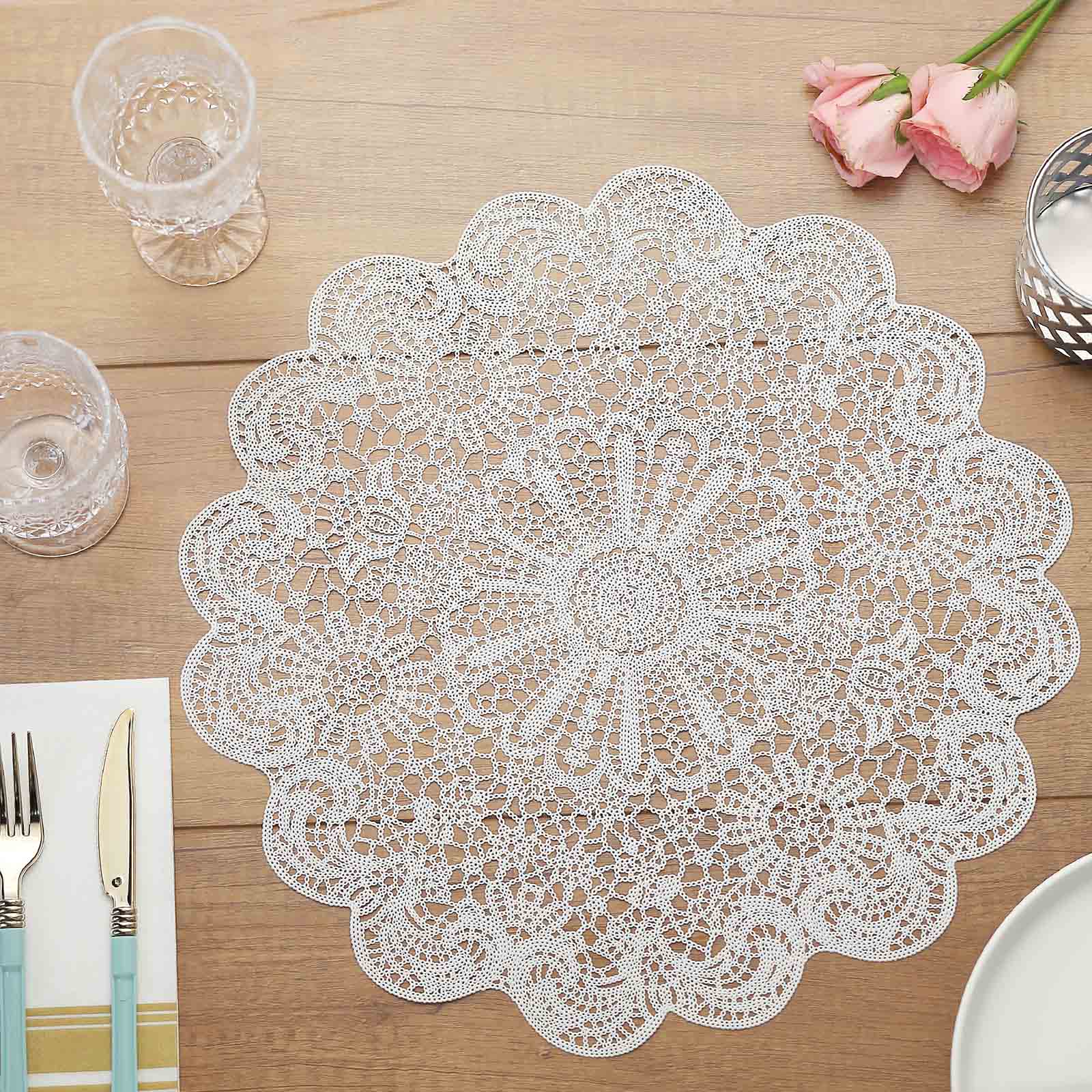 6-Pack Dining Table Mats Floral Lace Design White - Vinyl Non-Slip Surface with Vintage Appeal 15" - Image 2