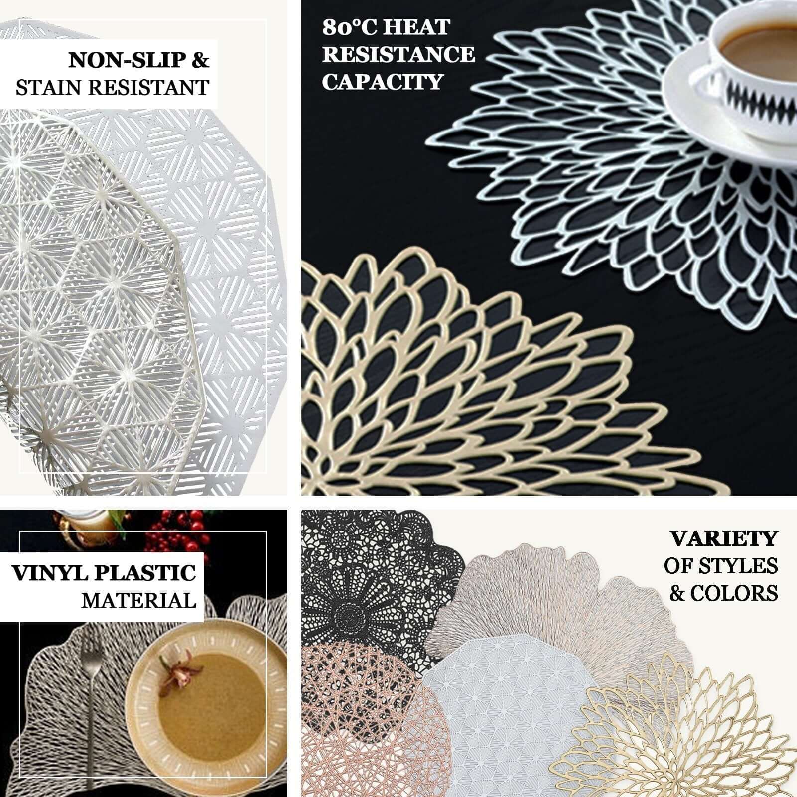 6-Pack Dining Table Mats Floral Lace Design White - Vinyl Non-Slip Surface with Vintage Appeal 15" - Image 4