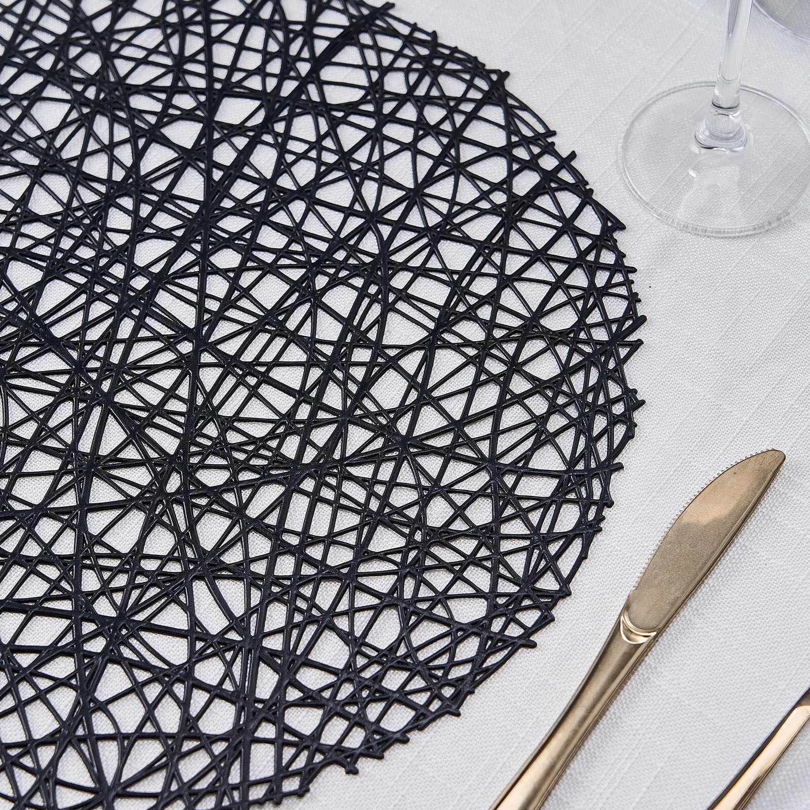6-Pack Vinyl Placemats Black Woven Design - Durable Non-Slip Round Table Mats for Dining 15" - Image 2