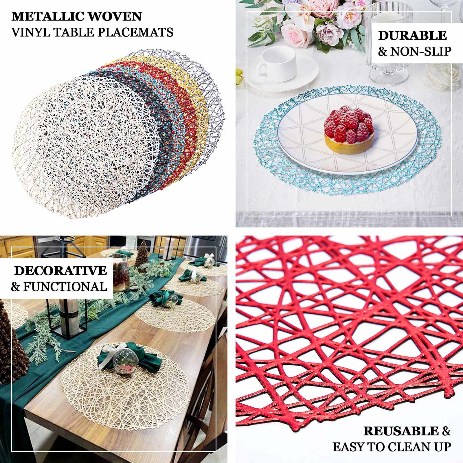 6-Pack Vinyl Placemats Black Woven Design - Durable Non-Slip Round Table Mats for Dining 15" - Image 4